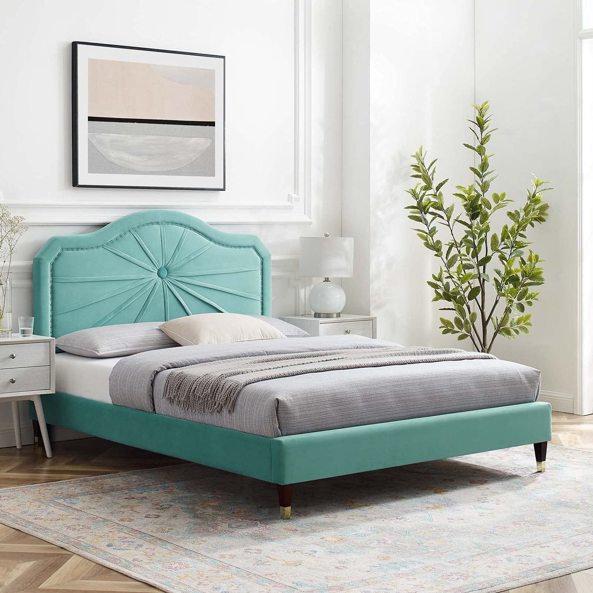 Portia Performance Velvet Queen Platform Bed in Mint