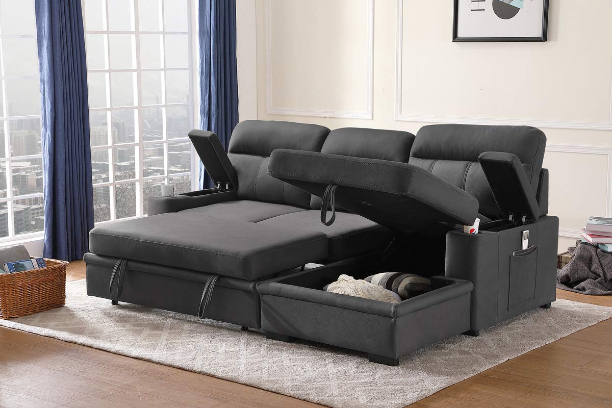 Lilola Home Kinsley Gray Woven Fabric Sleeper Sectional Sofa Chaise - Thumbnail 5