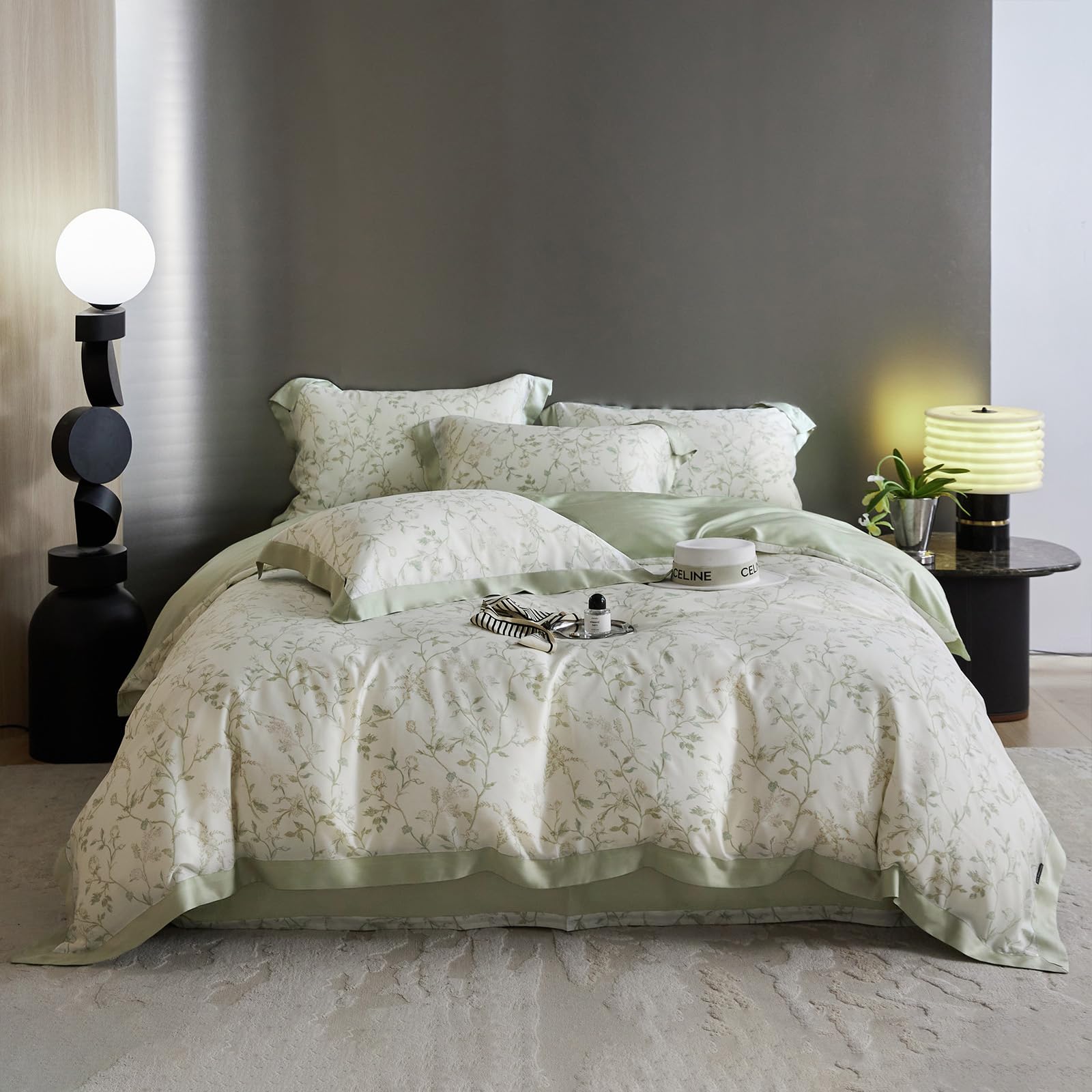 VM VOUGEMARKET Lyocell Duvet Cover Set Queen with Green Floral Pattern,Silk-Like Smooth & Cool Comforter Cover Set with Corner T