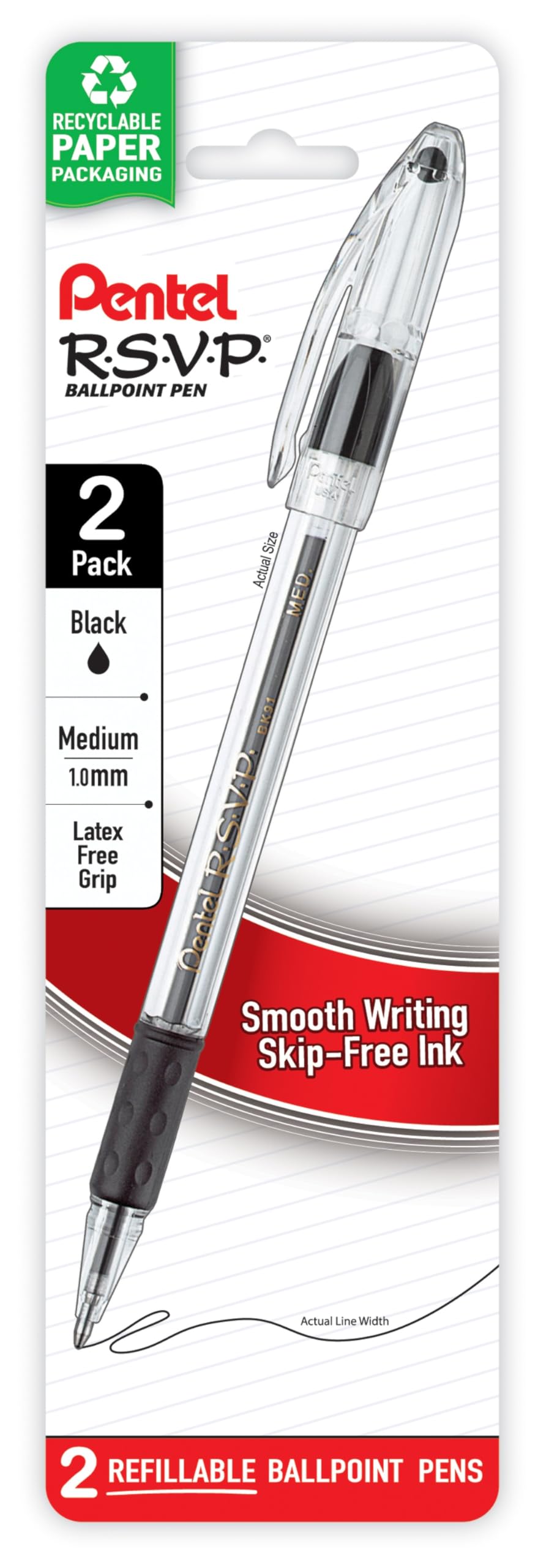 Pentel R.S.V.P. Ballpoint Pen, Medium Line, Black Ink, 2 Pack (Bk91Bp2A)