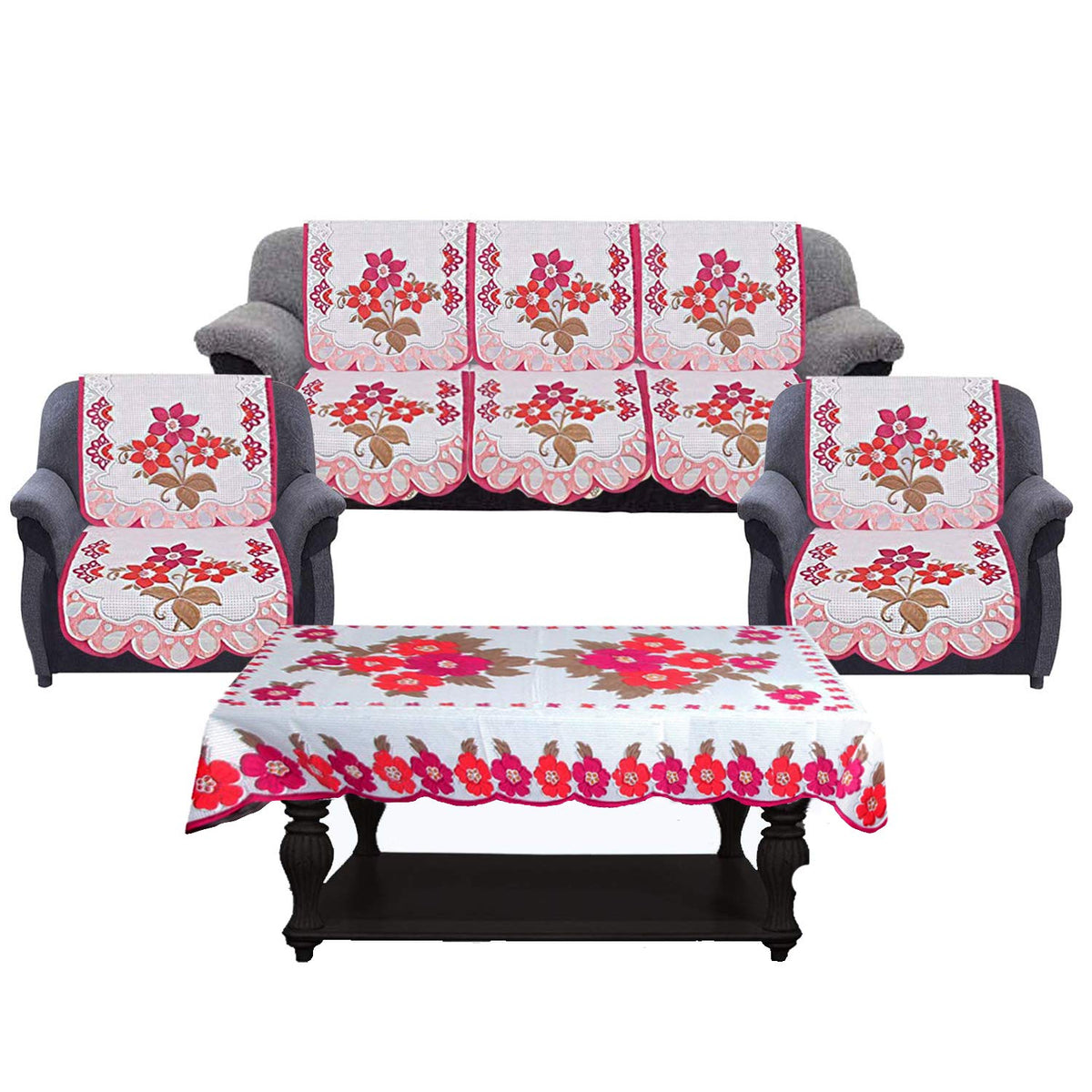 Kuber Industries Flower Cotton 7 Piece 5 Seater Sofa Cover With Center Table Cover (White And Pink) - Ctktc022290
