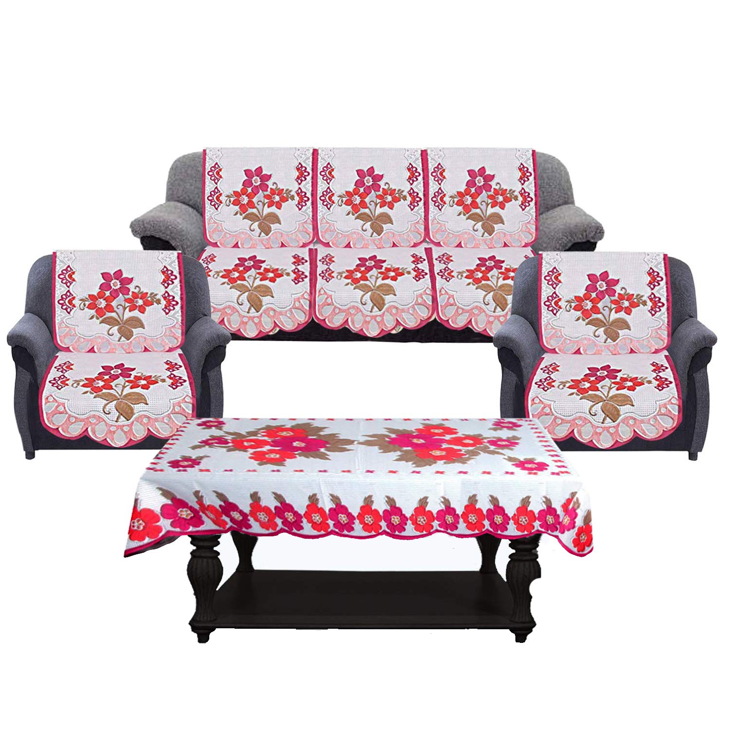 Kuber Industries Flower Cotton 7 Piece 5 Seater Sofa Cover With Center Table Cover (White & Pink)-Ctktc028732