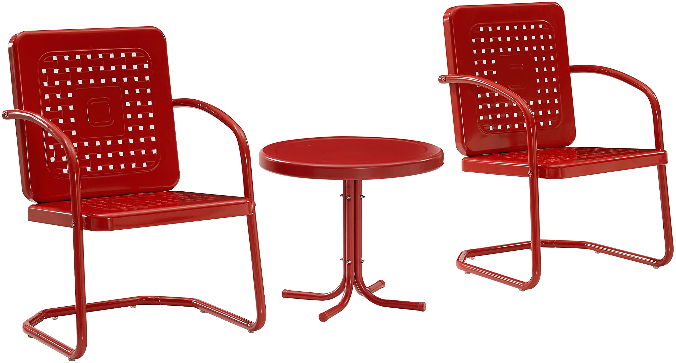 Crosley Furniture Bates 3-Piece Outdoor Chair and Side Table Set, Retro Metal Bistro Patio Conversation Sets, Bright Red Gloss