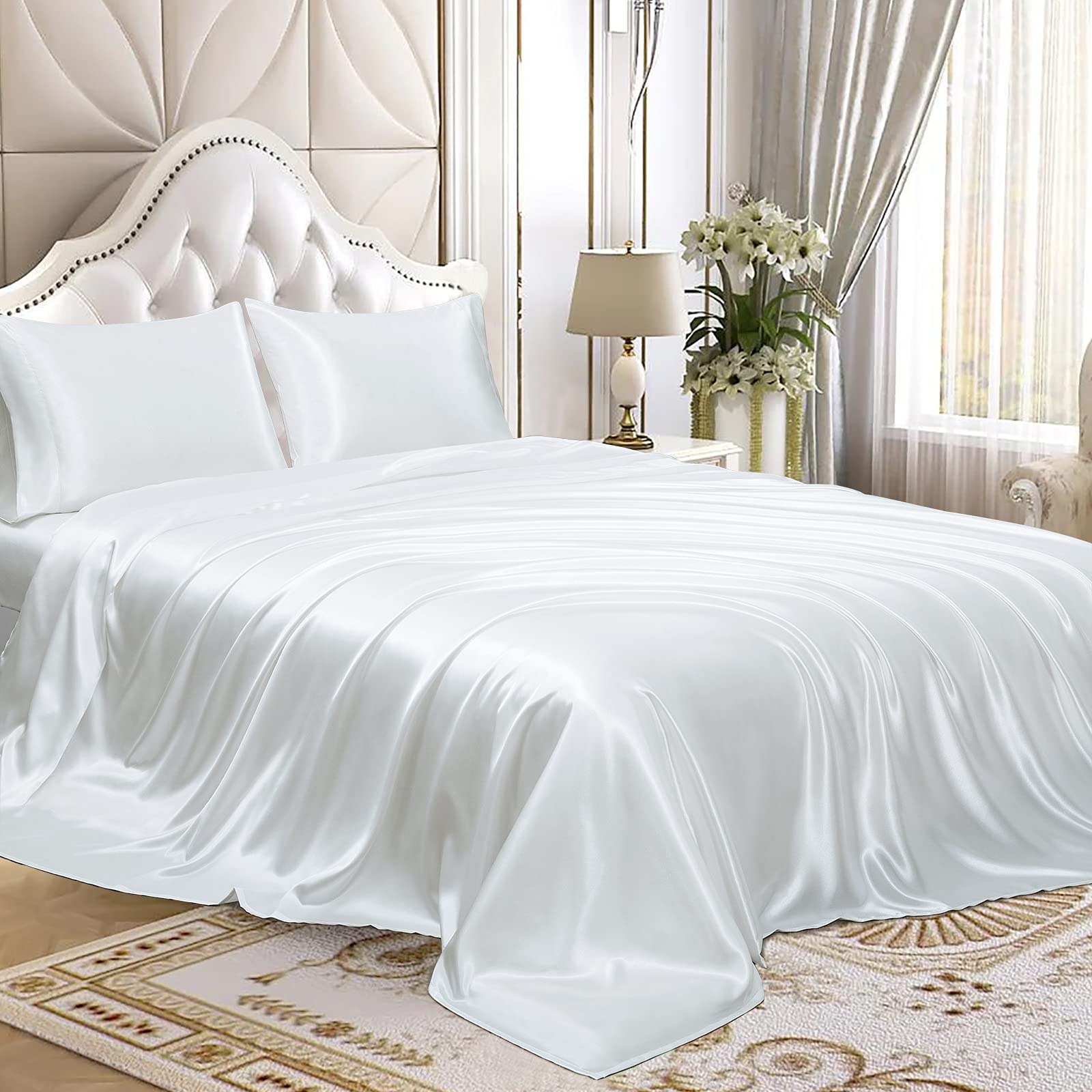 Homiest 3Pcs Satin Sheets Set Luxury Silky Satin Bedding Set With Deep Pocket, 1 Fitted Sheet + 1 Flat Sheet + 1 Pillowcase (Twin Size, White)