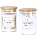 INIUNIK 2 Pack Glass Qtip Holder Dispenser, Apothecary Jars with Lids for Bathroom, Cotton Ball Pad Swab Holder, Bamboo Bathroom