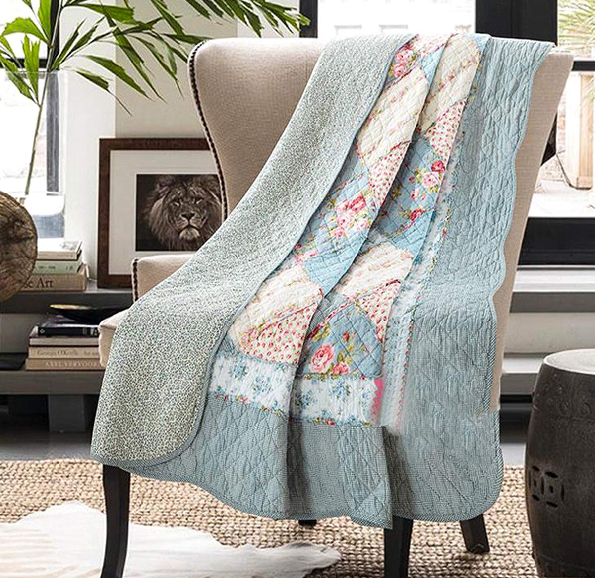 Cozyholy Original 100% Cotton Patchwork Quilt Full Queen Size Blue Floral Bedspread Coverlet Reversible Vintage Shabby Chic Quil