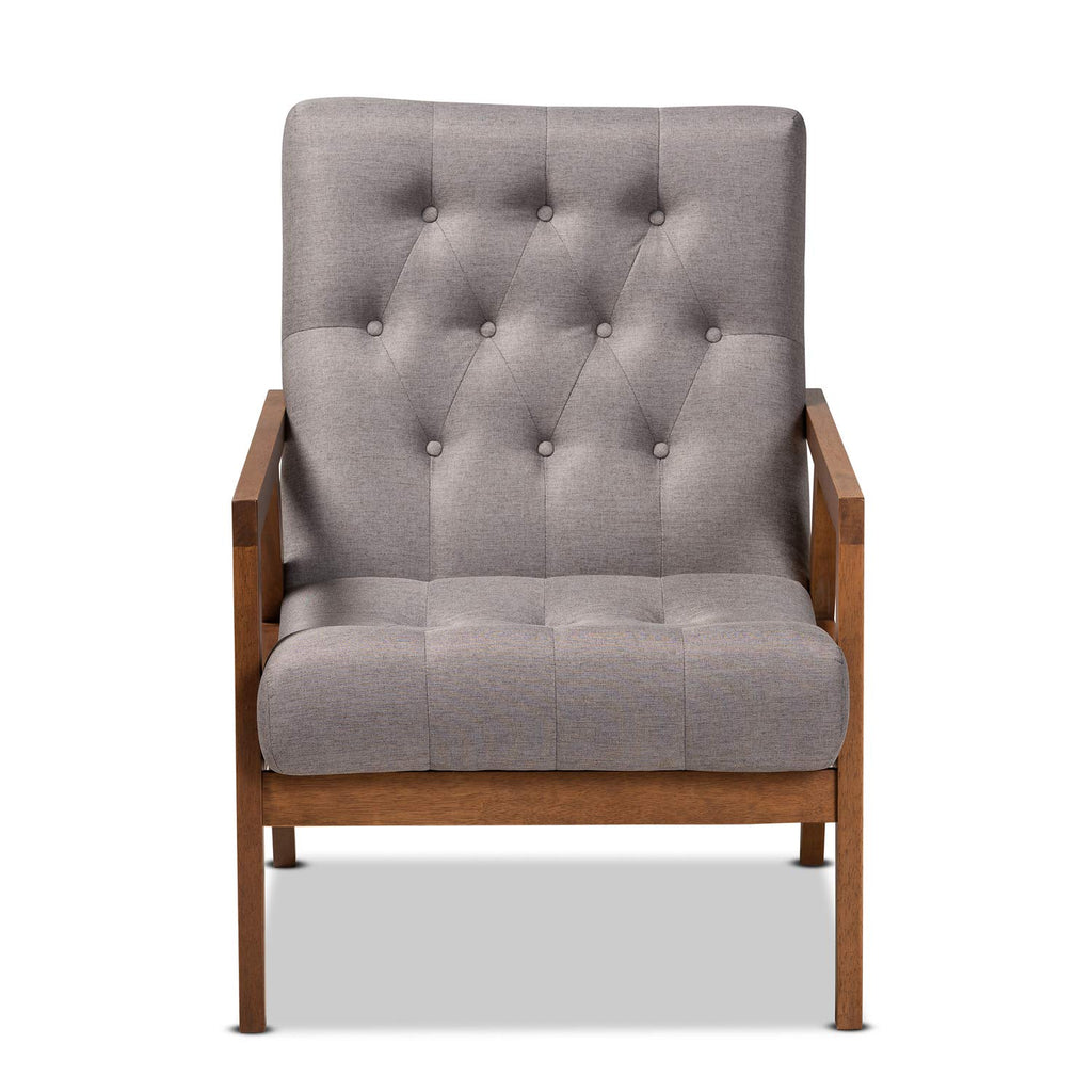 Baxton Studio Naeva Mid-Century Modern Grey Fabric Upholstered Walnut Finished Wood Armchair