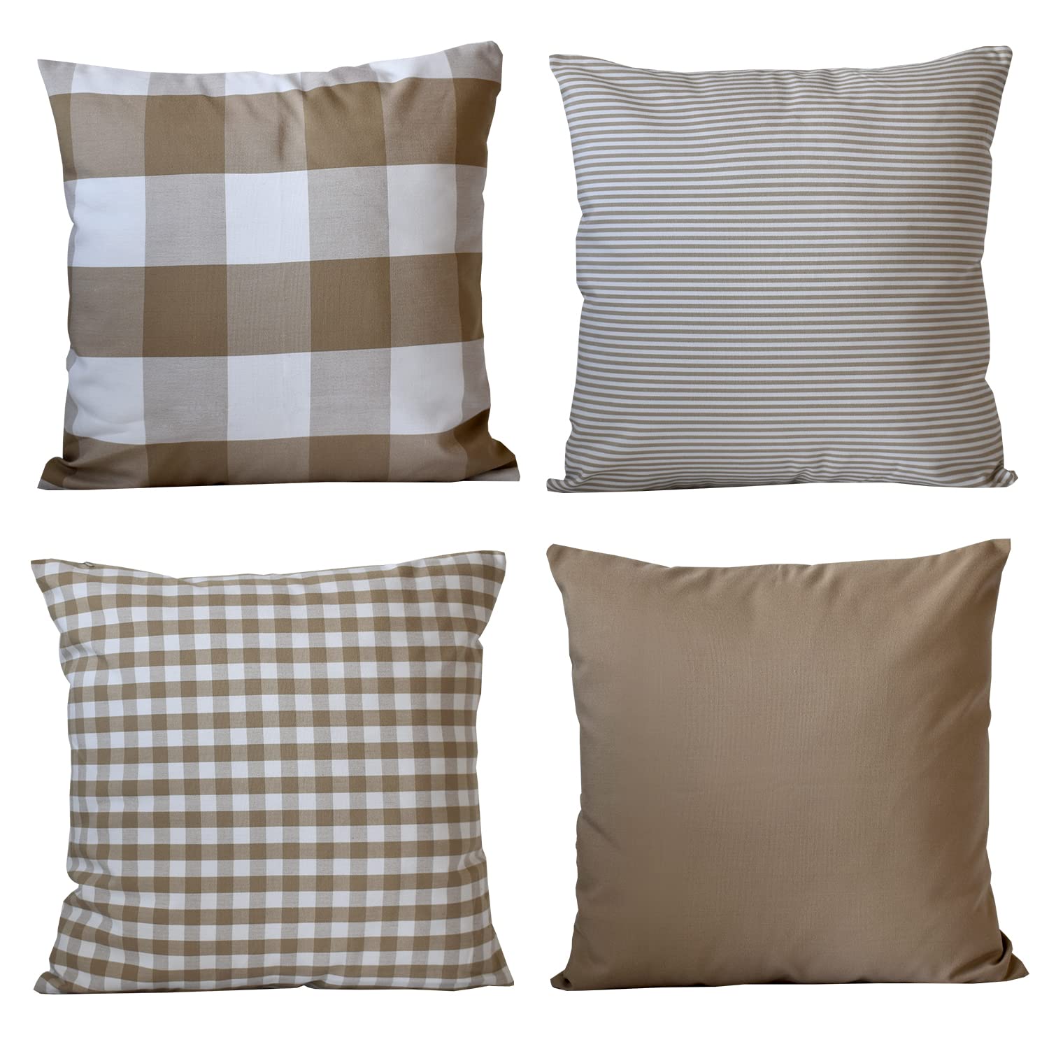 Hoplee Farmhouse 22 Inch Pillow Cover Cushion Cover With Buffalo Plaid, Solid Beige, Striped And Gingham Plaid Design 22X22 Inch