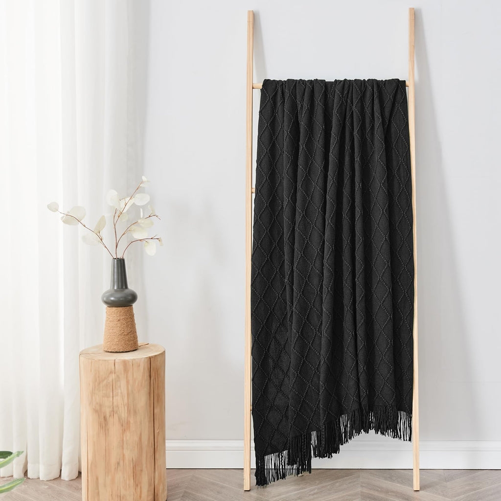 Inhand Knitted Throw Blankets For Couch And Bed, Soft Cozy Knit Blanket With Tassel, Black Lightweight Decorative Blankets And T