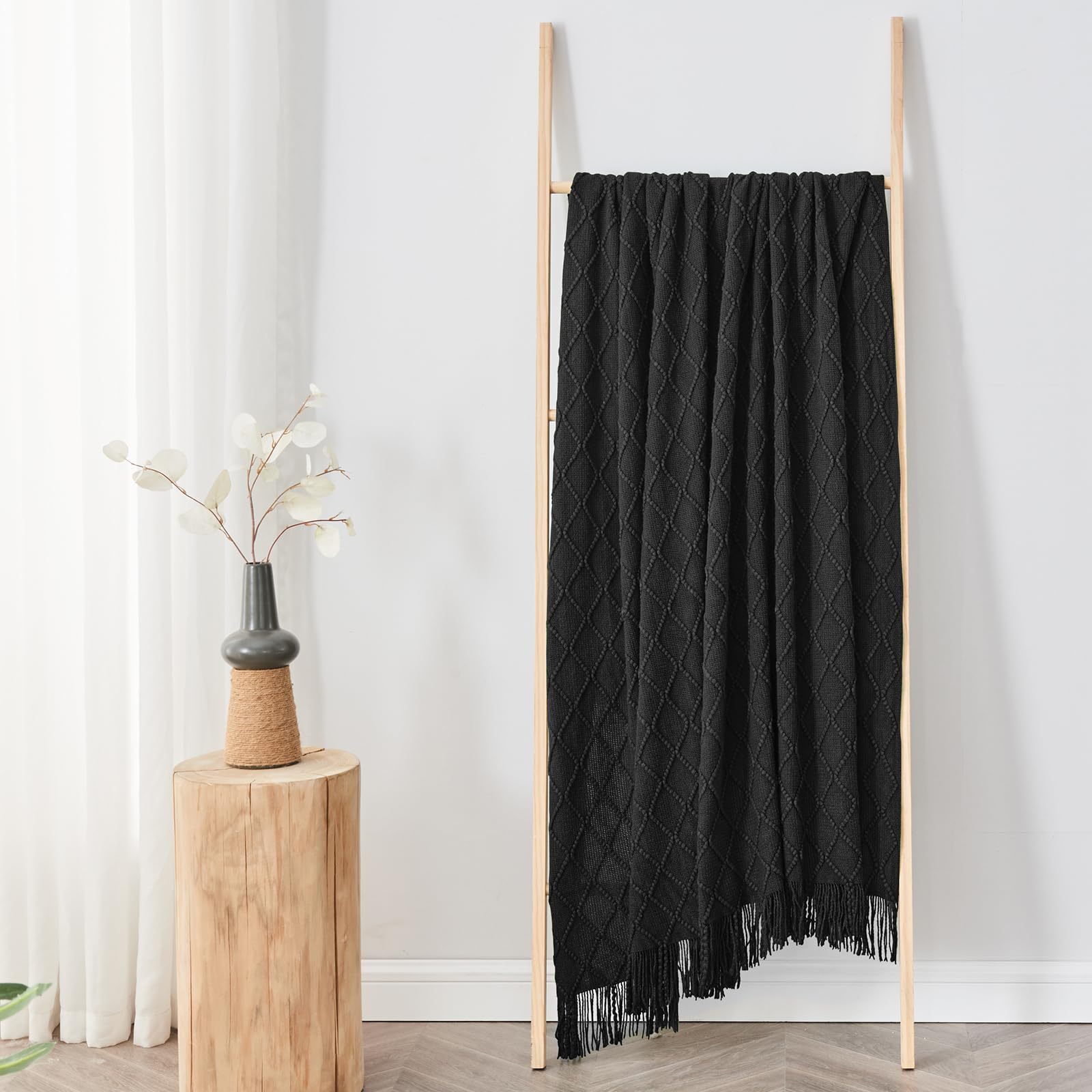 Inhand Knitted Throw Blankets For Couch And Bed, Soft Cozy Knit Blanket With Tassel, Black Lightweight Decorative Blankets And T