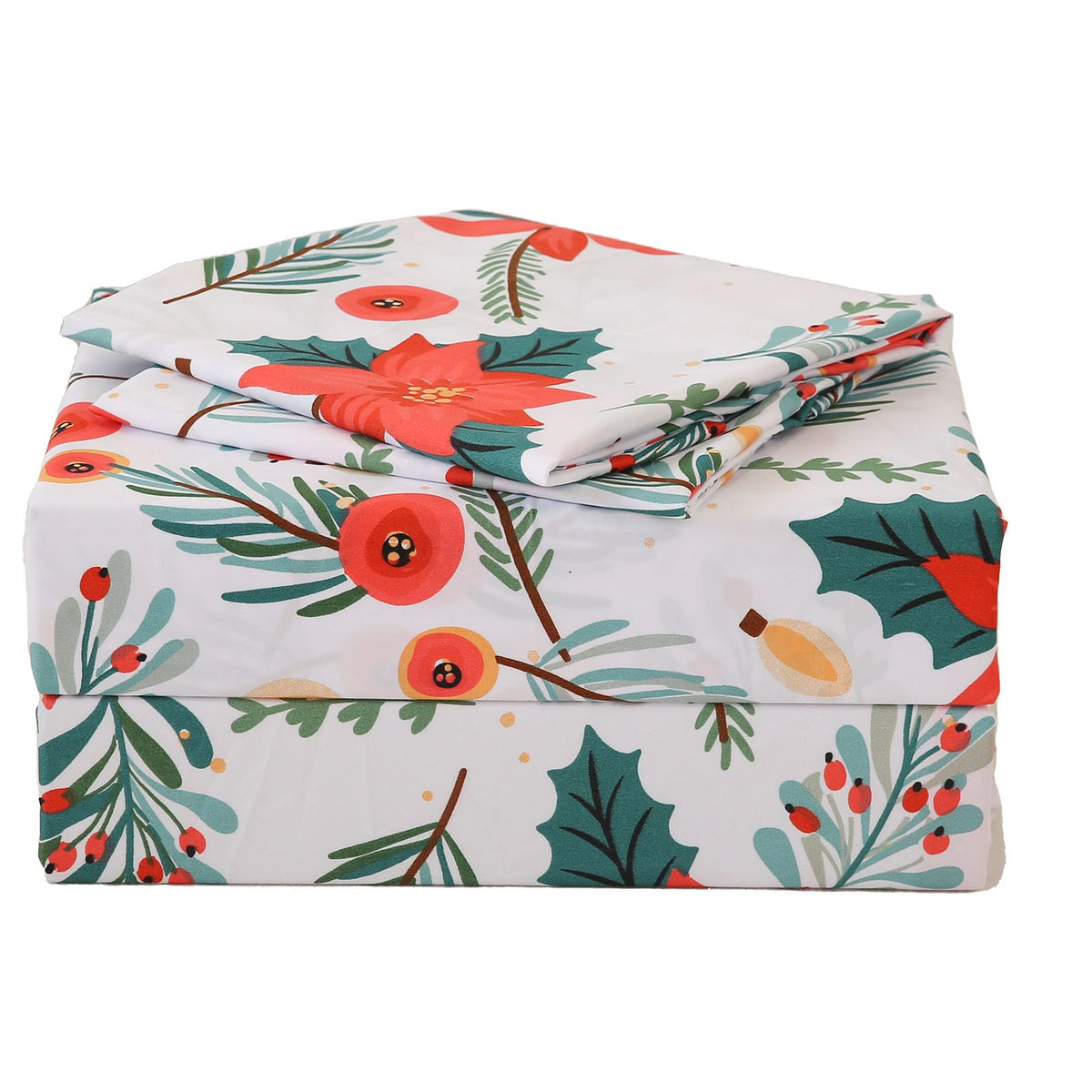 Jsd 4 Piece Red Poinsettia Floral Sheet Set Queen, Soft Printed Microfiber Bedding Sheets Extra Deep Pocket