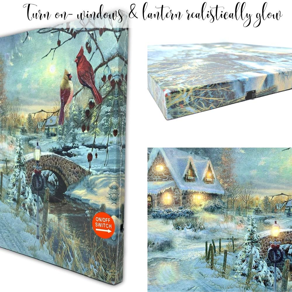 Banberry Designs Lighted Cottage Along A Stream Christmas Scene With Cardinals And Snowman - Led Canvas Art Wall Print - Old Fas