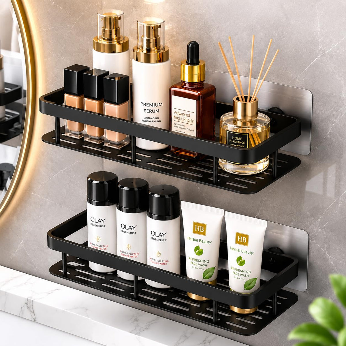 SHOPSUTRA Adhesive Wall Mounted Shelf Organizer, Black, Pack of 2