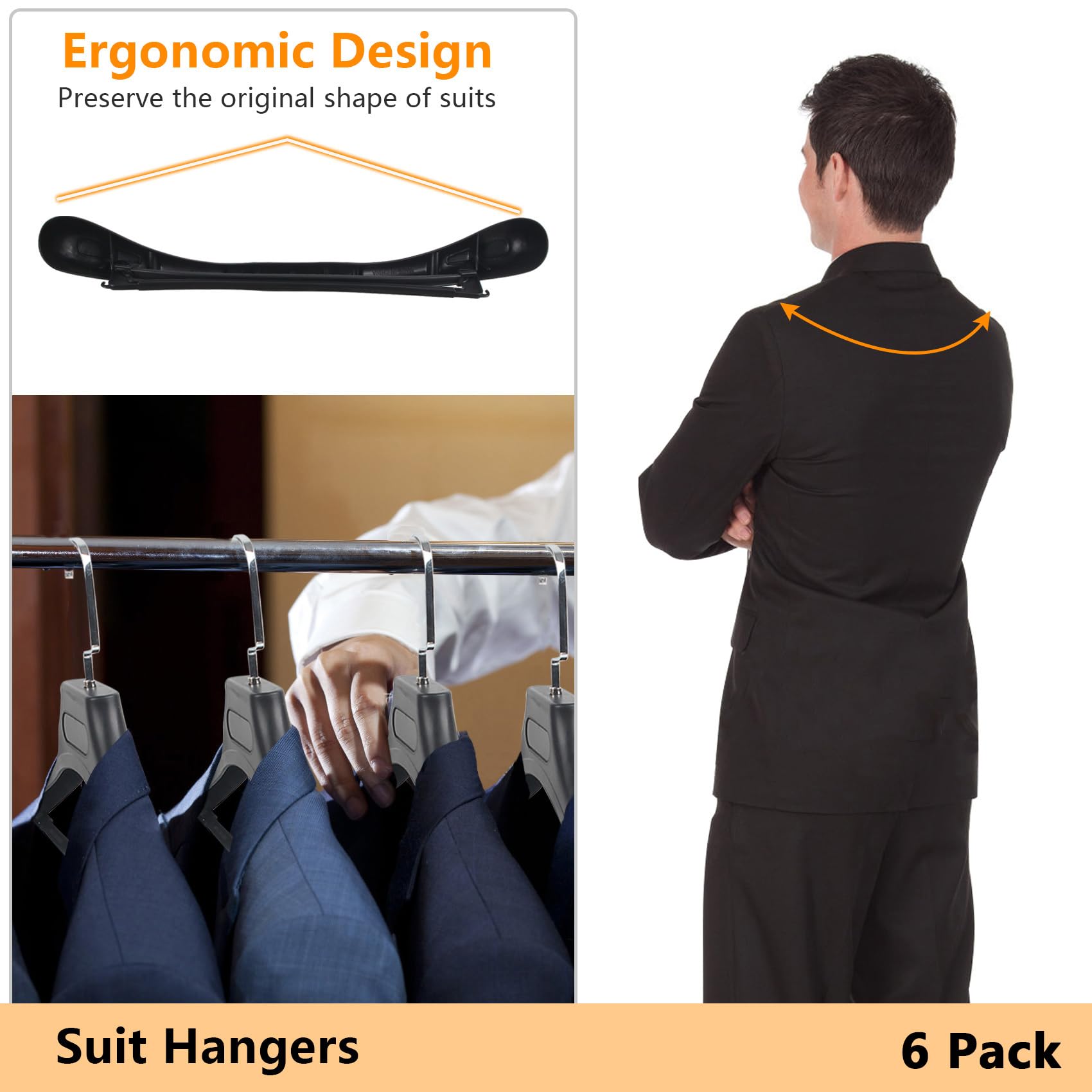 DEDU Plastic Extra Wide Shoulder Suit Hangers for Men, 6 Pack, 17.7 Black Non-Slip Sweater Hangers with Pants Bar & Metal Hook