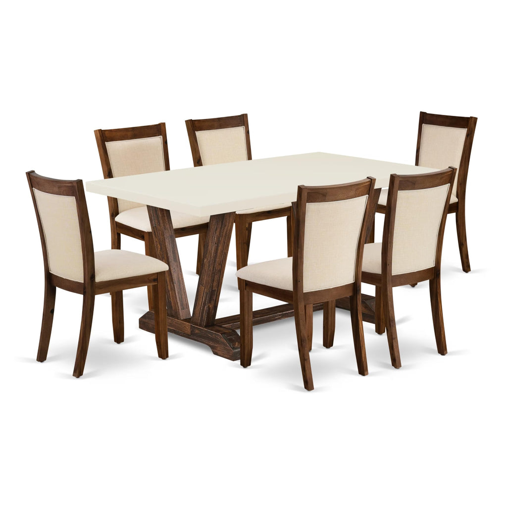 East West Furniture V726Mzn32-7 7 Piece Modern Dining Table Set Consist Of A Rectangle Wooden Table With V-Legs And 6 Light Beige Linen Fabric Parsons Dining Chairs, 36X60 Inch, Multi-Color