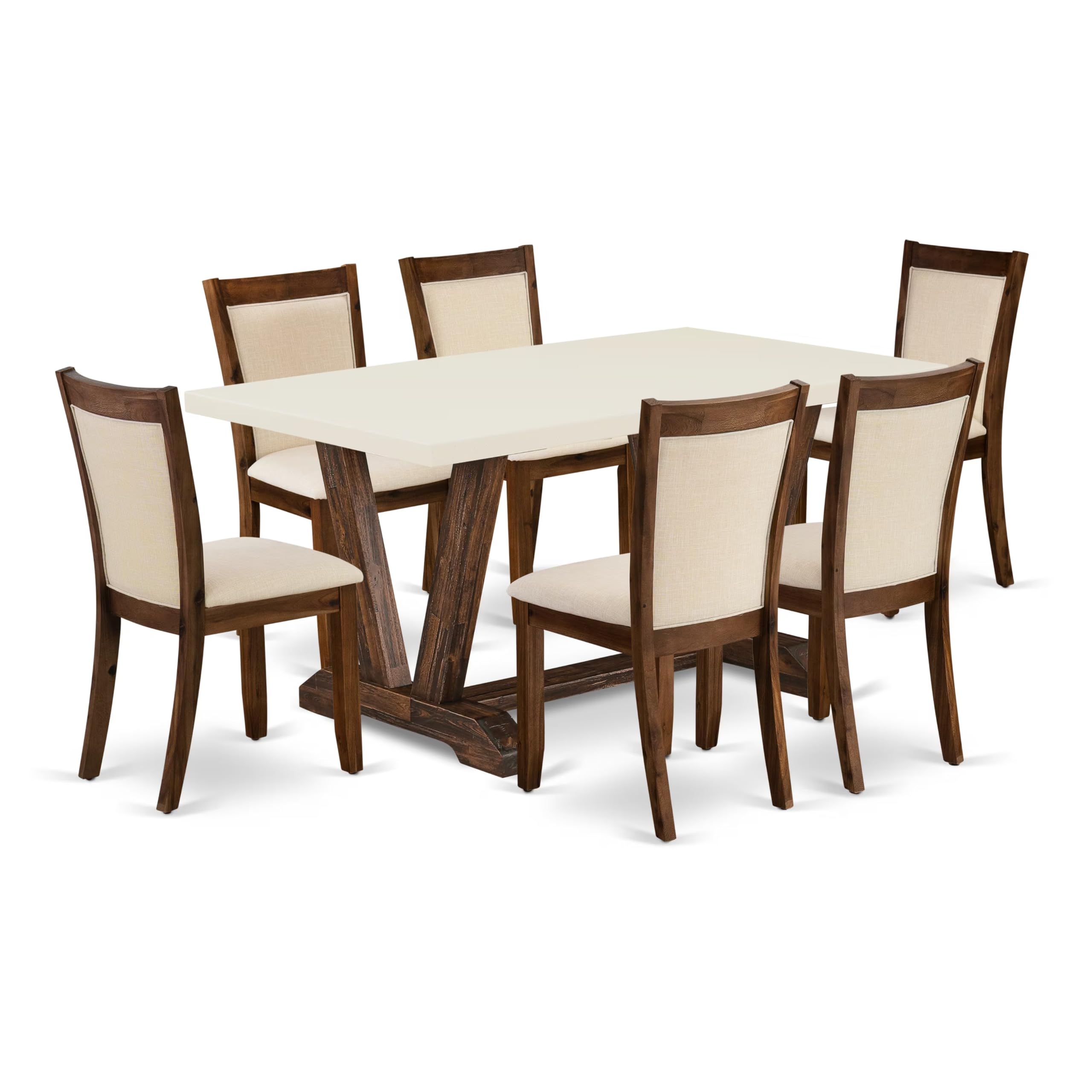 East West Furniture V726Mzn32-7 7 Piece Modern Dining Table Set Consist Of A Rectangle Wooden Table With V-Legs And 6 Light Beige Linen Fabric Parsons Dining Chairs, 36X60 Inch, Multi-Color