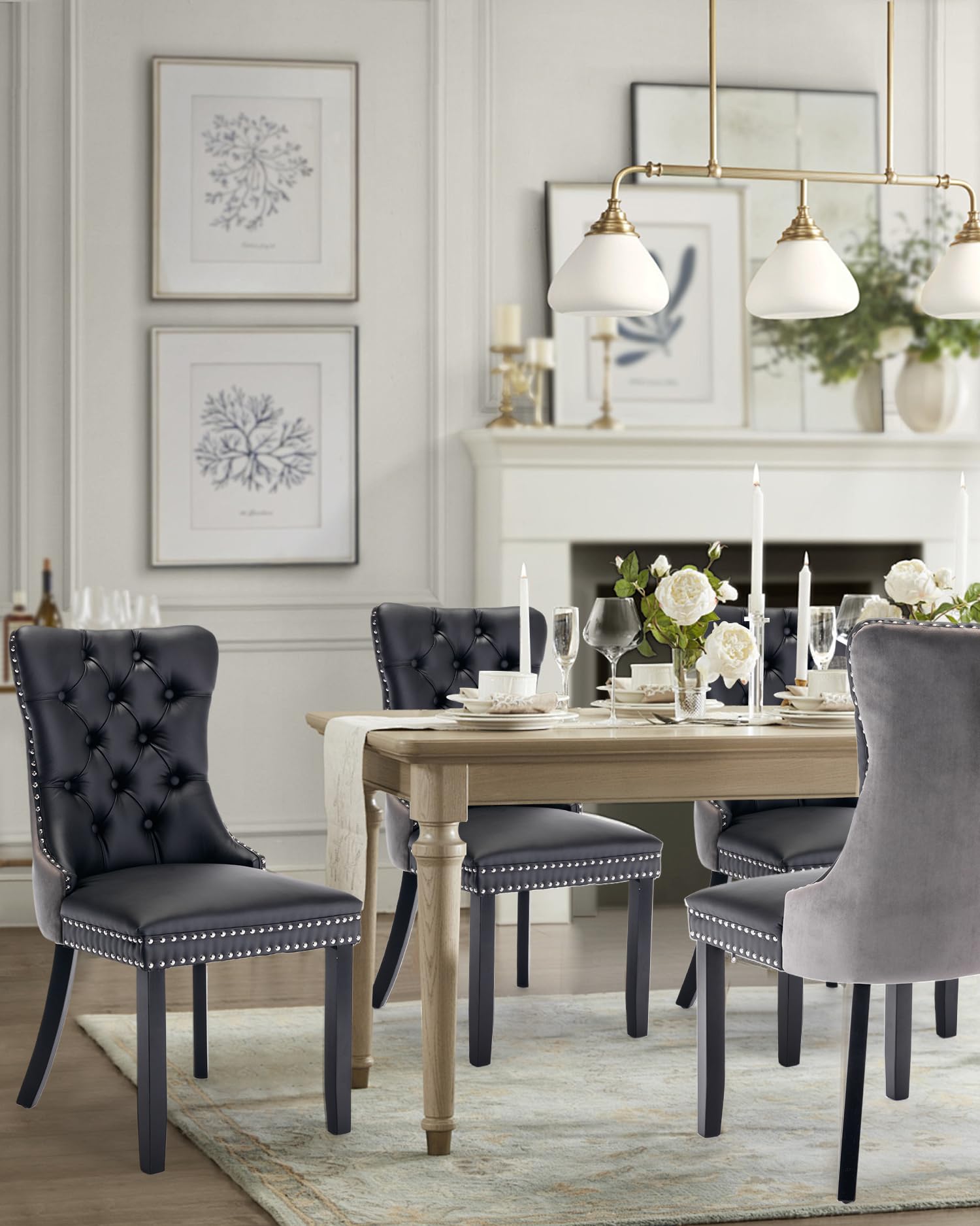 Vicbarley Leather Dining Chair Set Of 4 Upholstered Tufted Dining Room Chair With Nailhead Trim And Solid Wood Legs For Kitchen,