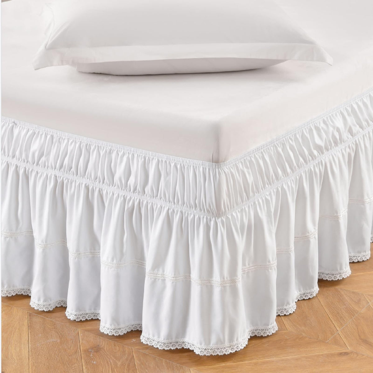 Meila Full Bed Skirt, Wrap Around Ruffle Bed Skit For Full Beds With 18 Inch Drop, Elastic Dust Ruffles Easy Fit Wrinkle & Fade Resistant, Lace Bed Skirt, White