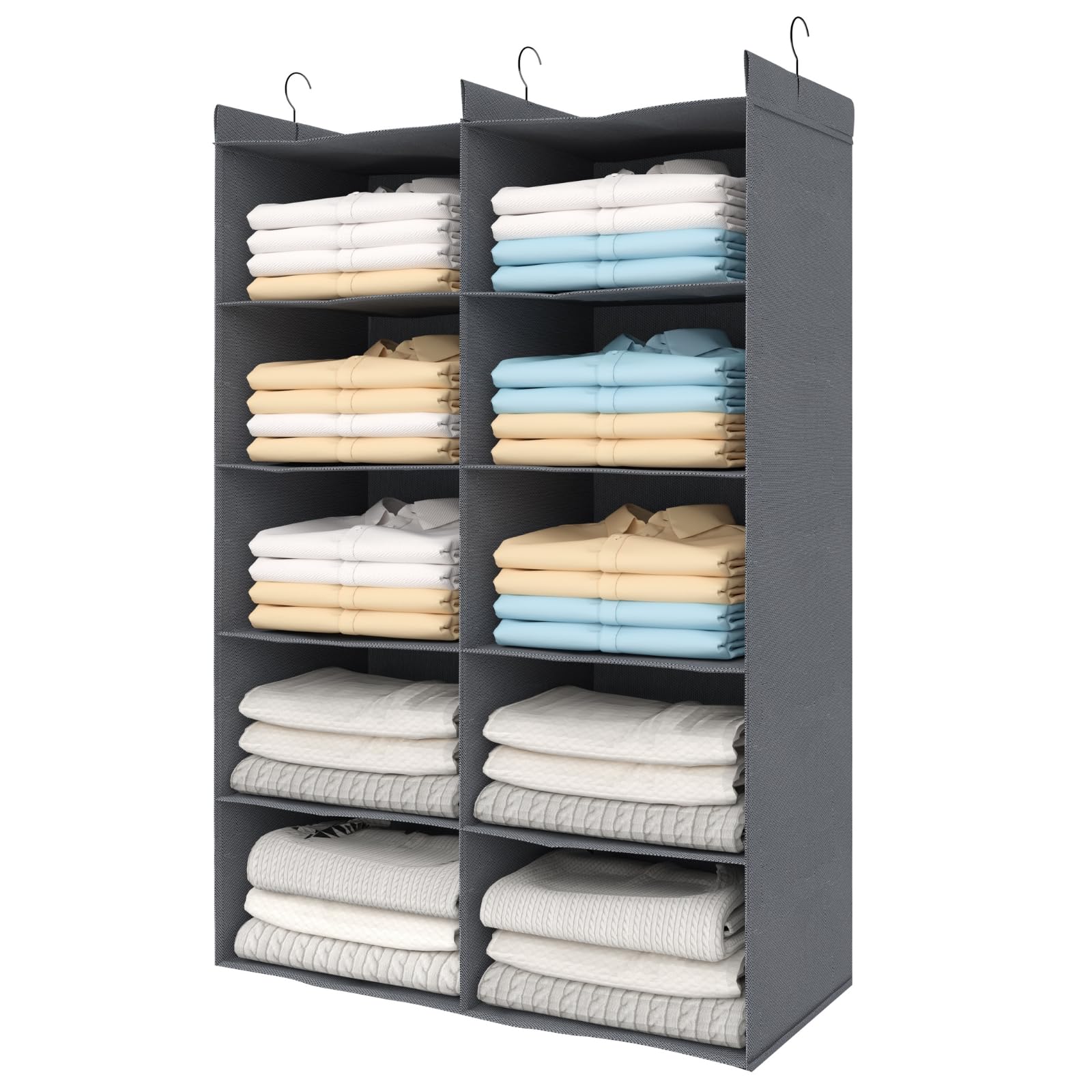 ALLTIDYUP 5 Tier Shelf Hanging Closet Organizer, Dual-Row 10 Pocket Cloth Hanging Shelf with 3 Sturdy Hooks for Storage, Foldabl