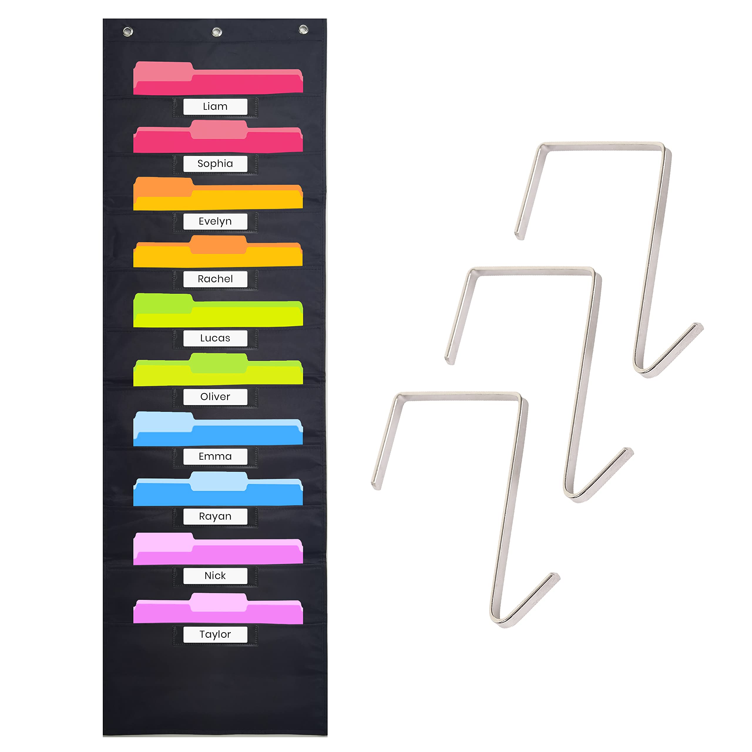 Black Pocket Chart For Classroom - 10 Pocket Storage Rainbow Pocket Charts , 3 Over Door Hangers Included, Hanging Wall File Org