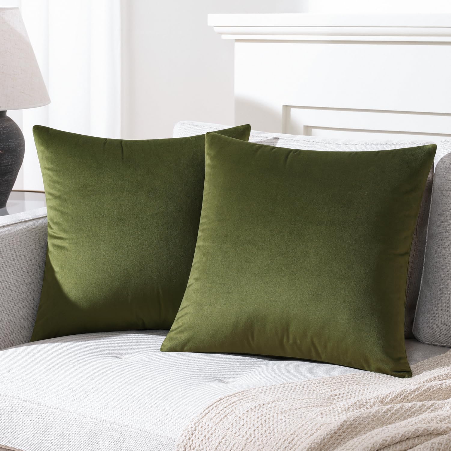 Mixhug Decorative Throw Pillow Covers, Velvet Cushion Covers, Solid Throw Pillow Cases For Couch And Bed Pillows, Moss Green, 20
