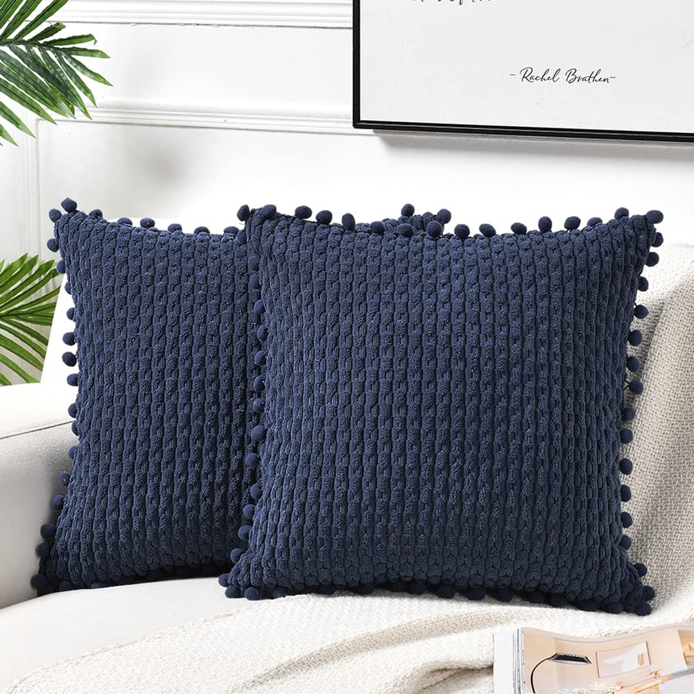 Fancy Homi Set Of 2 Navy Blue Decorative Throw Pillow Covers 18X18 Inch With Pom-Poms For Couch Bedroom Living Room, Modern Farm