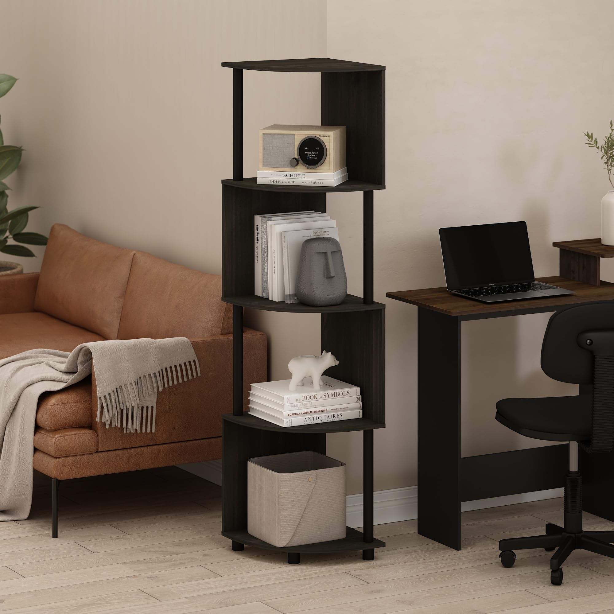 Furinno Econ 4-Tier Zigzag Corner Shelf Bookcase, Bookshelf, Espresso/Black