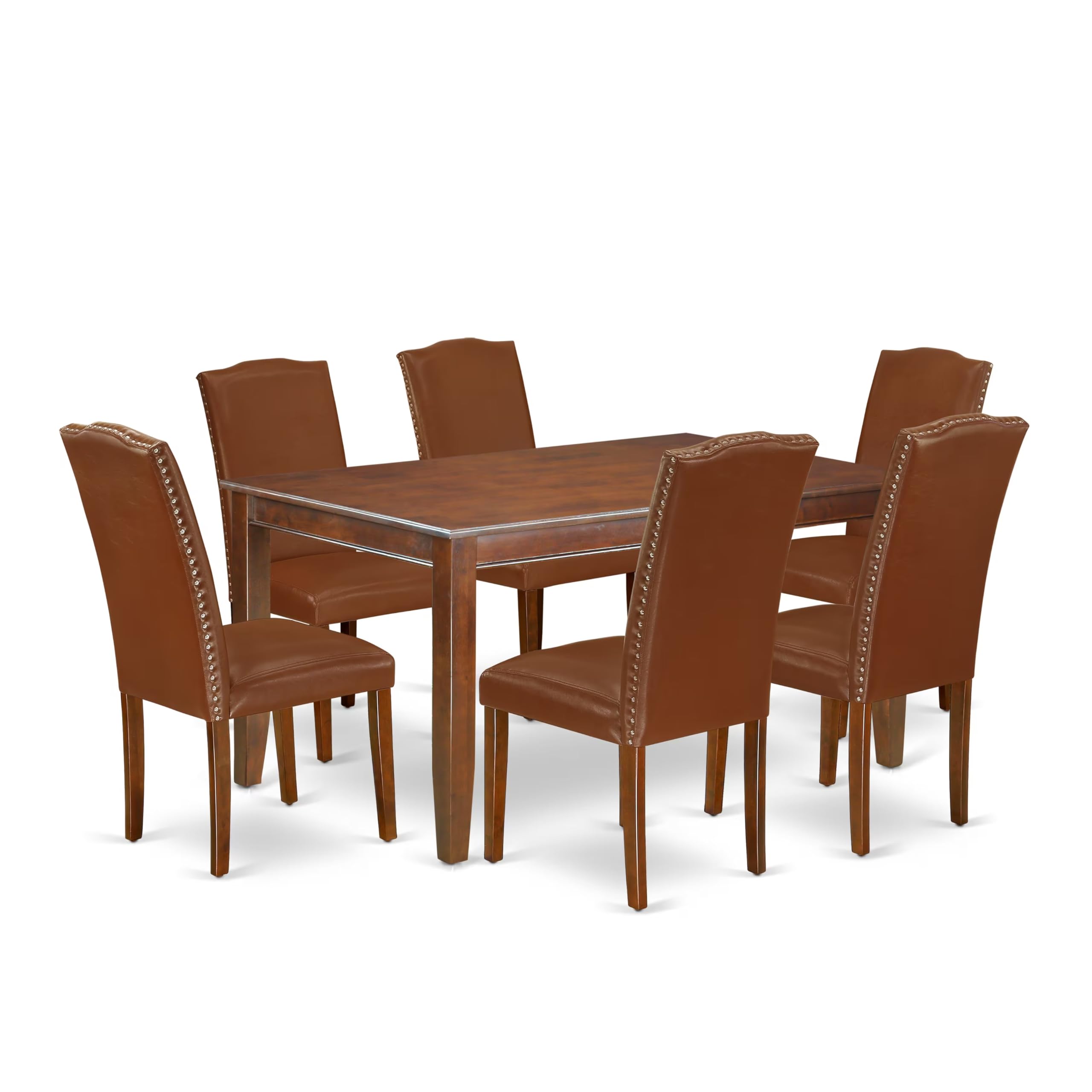 East West Furniture Duen7-Mah-66 7 Piece Kitchen Table Set Consist Of A Rectangle Dining Table And 6 Brown Faux Faux Leather Parson Dining Room Chairs, 36X60 Inch, Mahogany