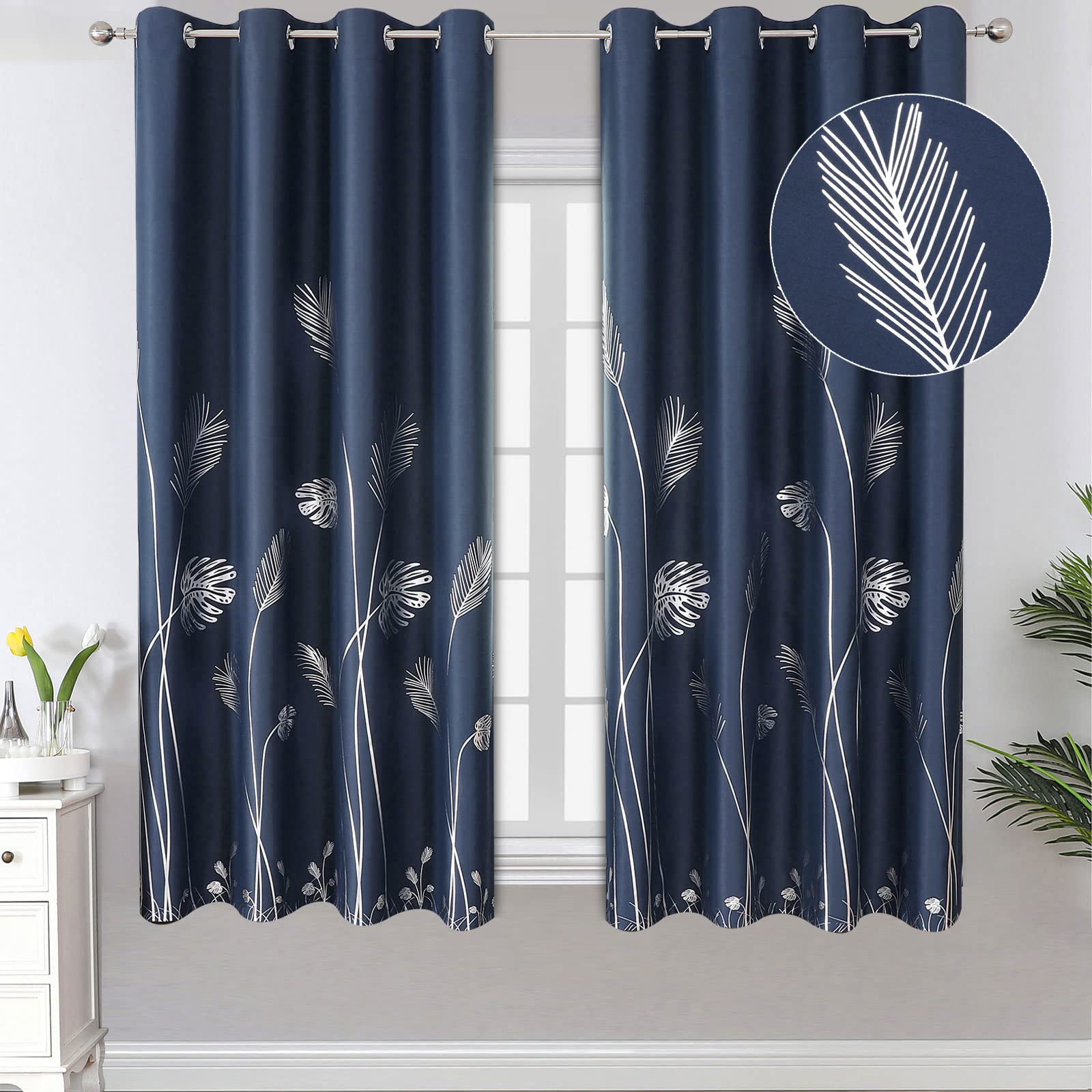Estelar Textiler Blackout Window Curtains Silver Palm Tree Print Grommet Blackout Curtains Thermal Insulated Drapes Blinds For B