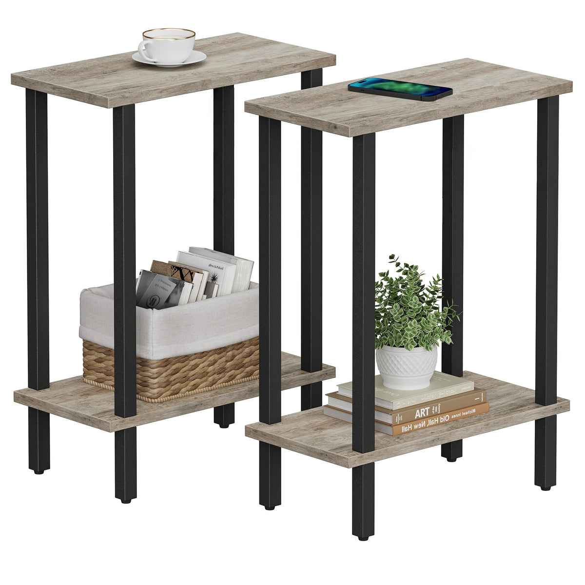 Tutotak Small Side Table, Narrow End Table, Skinny Sofa Table, Slim Nightstand, Couch Table, Living Room, Bed Room, Greige Tb01B