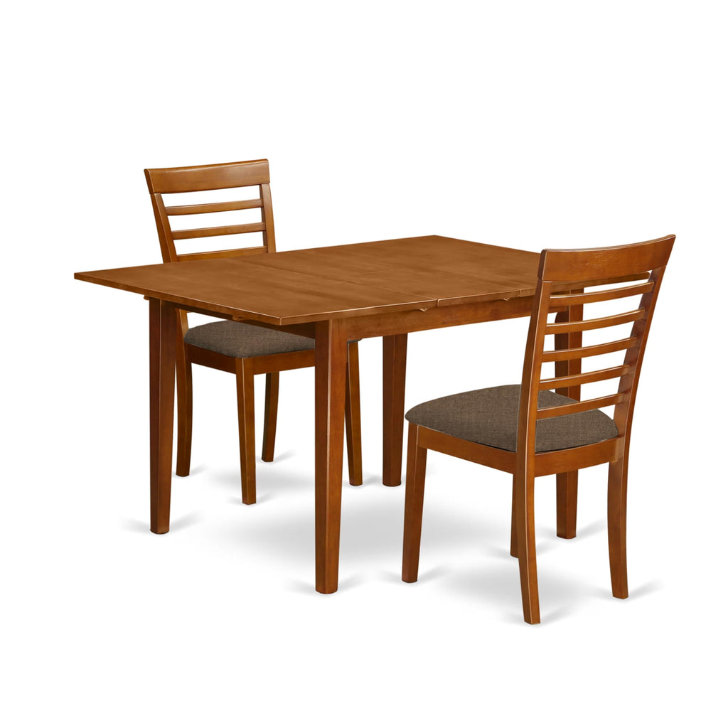 East West Furniture MILA3-SBR-C 3 Piece Dining Room Table Set Contains a Rectangle Kitchen Table with Butterfly Leaf and 2 Linen Fabric Upholstered Chairs, 36x54 Inch, Saddle Brown