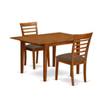 East West Furniture MILA3-SBR-C 3 Piece Dining Room Table Set Contains a Rectangle Kitchen Table with Butterfly Leaf and 2 Linen Fabric Upholstered Chairs, 36x54 Inch, Saddle Brown