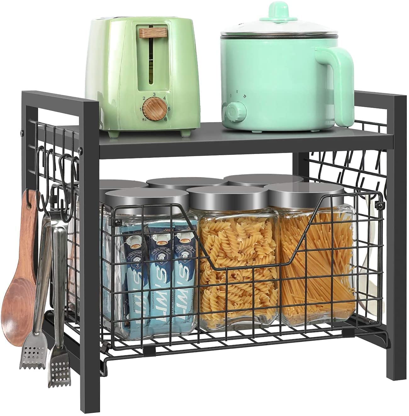 Indian Decor 45697 Space Saving Kitchen Cabinet Organizer Basket Spice RackOrganizer Countertop Storage With Sliding Drawer Pull