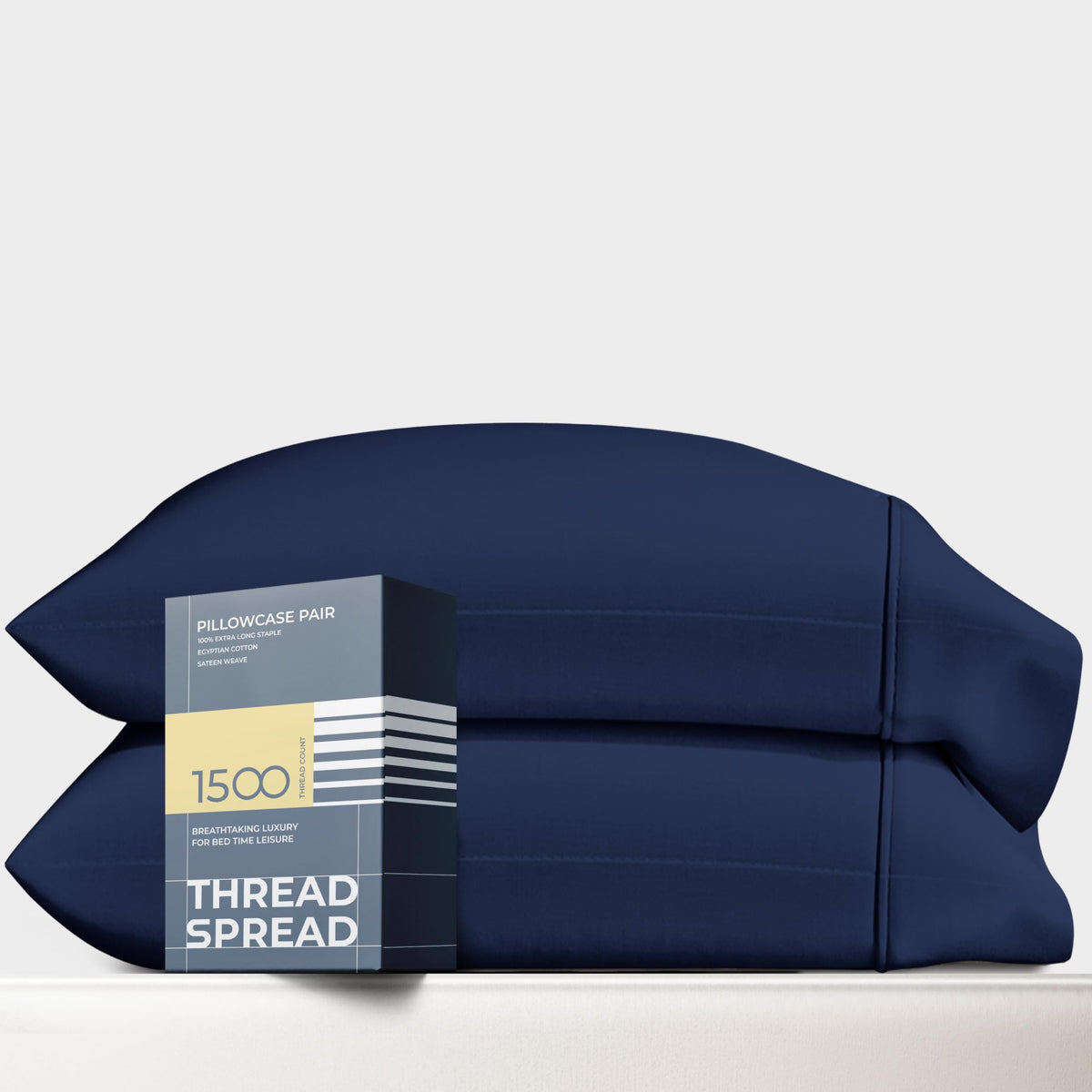 Thread Spread 100% Egyptian Cotton Pillow Cases Standard/Queen Size Set Of 2 - Luxury 1500 Thread Count Sateen Navy Blue Pillow