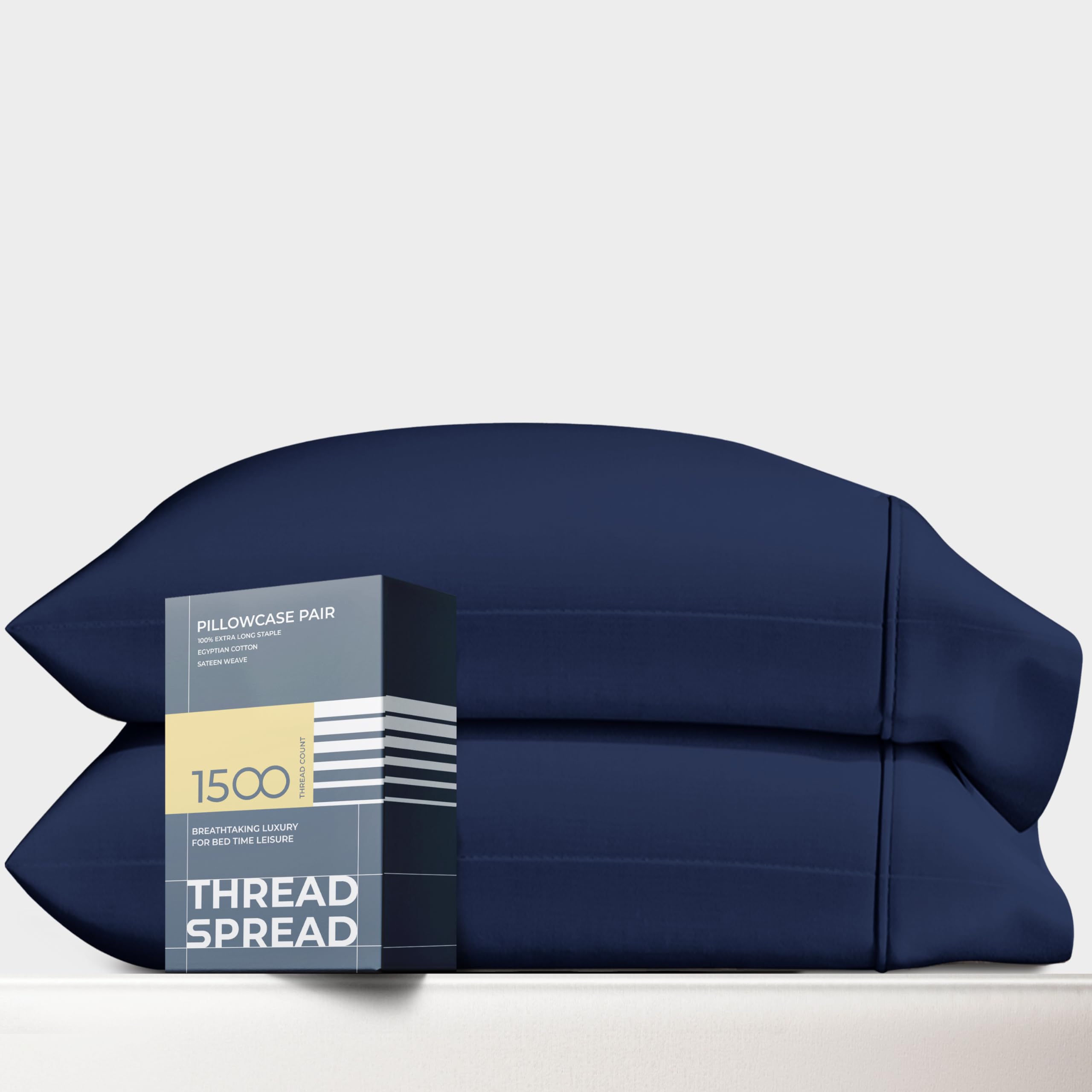 Thread Spread 100% Egyptian Cotton Pillow Cases King Size Set Of 2 - Luxury 1500 Thread Count Sateen Navy Blue Pillow Cases, Sof