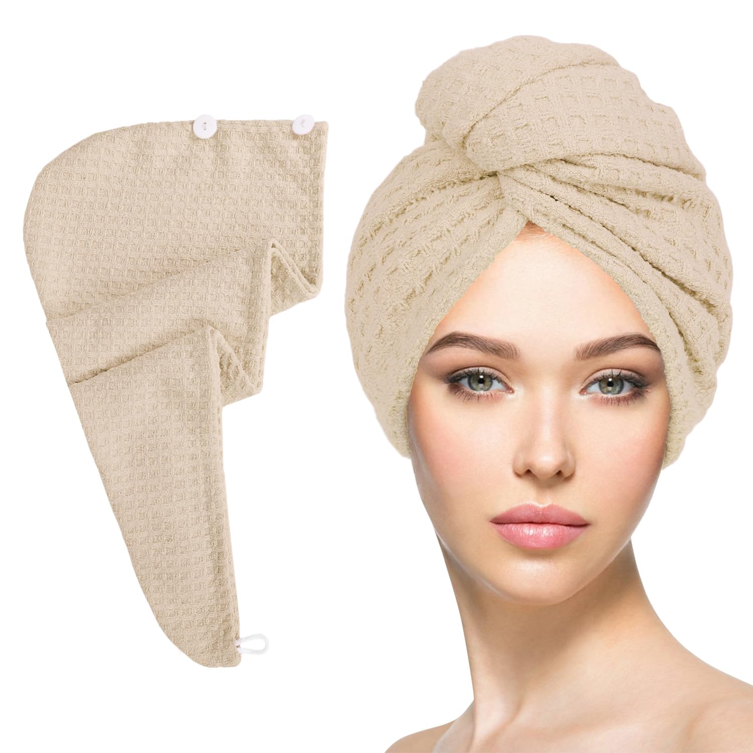 Microfiber Hair Drying Towel with Button 1Pack Khaki Waffle Long Hair Head Wraps Twist Plopping Curly Shower Turban Terry Cloth 