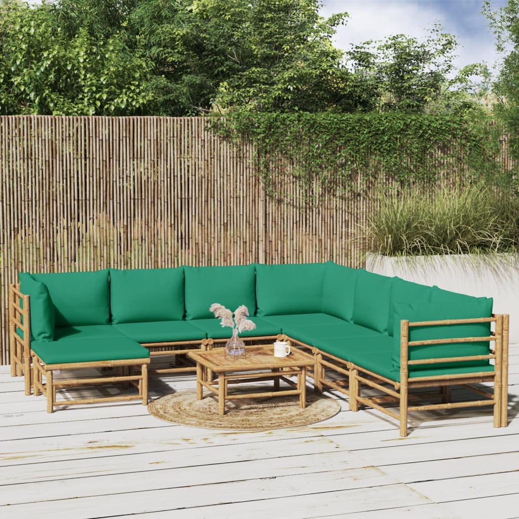 vidaXL Patio Lounge Set, 9 Piece Bamboo Outdoor Furniture Set with Comfortable Green Cushions, Sturdy Table, Versatile and Adjustable Configurations, Easy Assembly