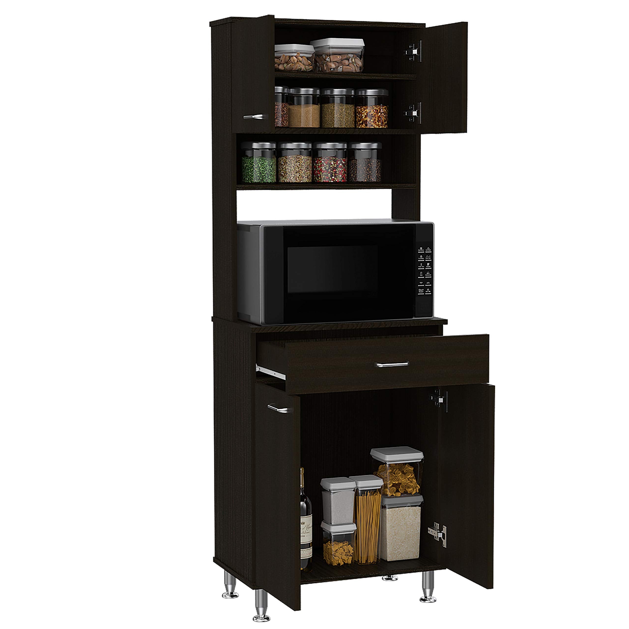 Helis 60 Kitchen Pantry 66,5&quot; H with Microwave Shelf, Two Storage Cabinets, Black