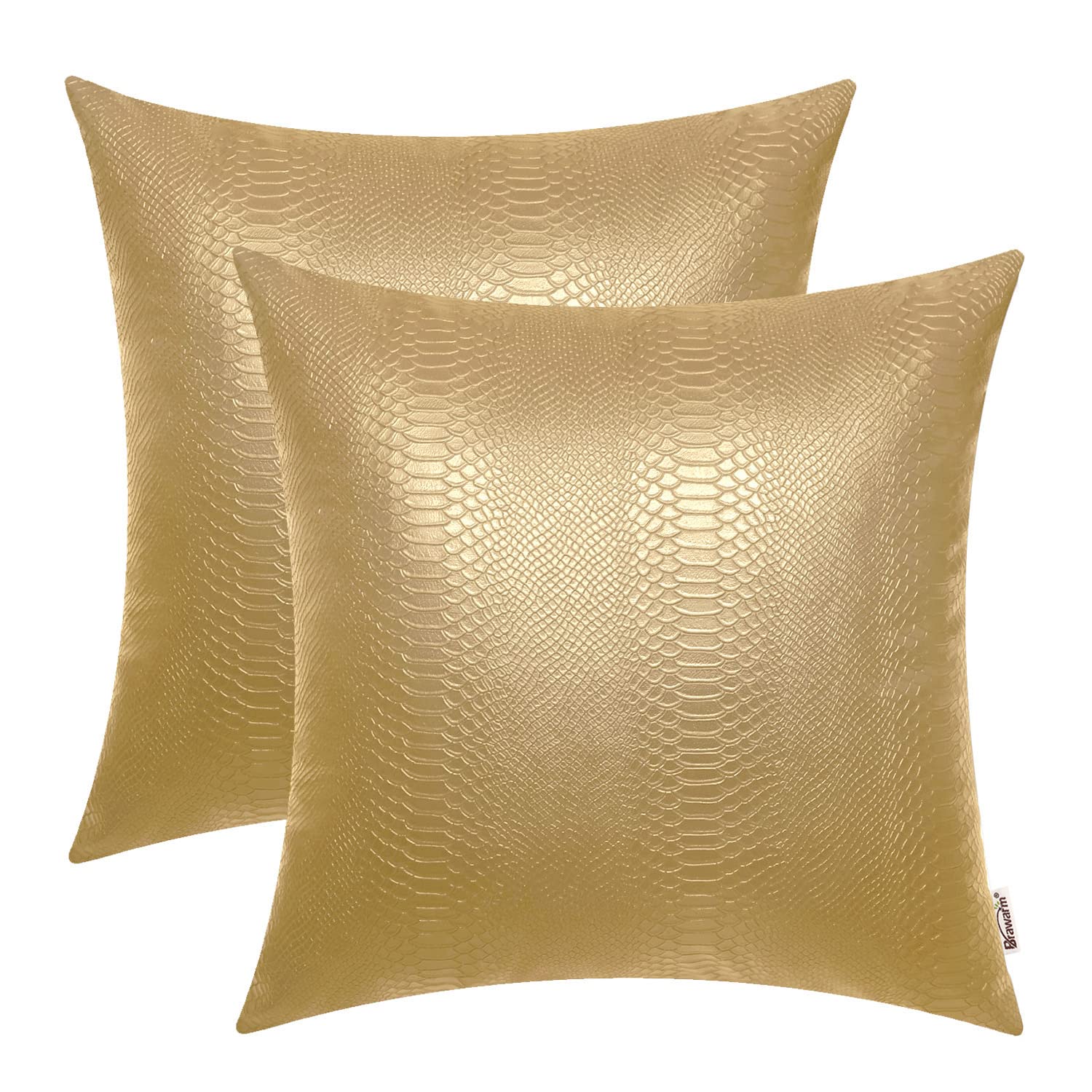 BRAWARM Gold Leather Throw Pillows 16 X 16 Inches, Snake Leather Pillow Covers Pack of 2, Faux Leather Decorative Pillow Covers 