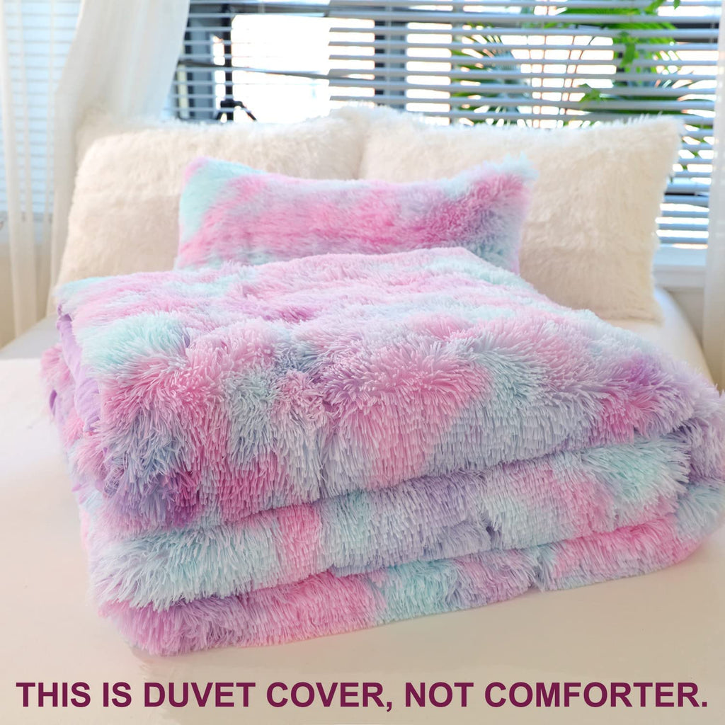 Sucses Purple Tie Dye Faux Fur Duvet Cover Set Twin Size Colorful Rainbow Plush Shaggy Bedding Set Ultra Soft Fluffy Velvet Comf
