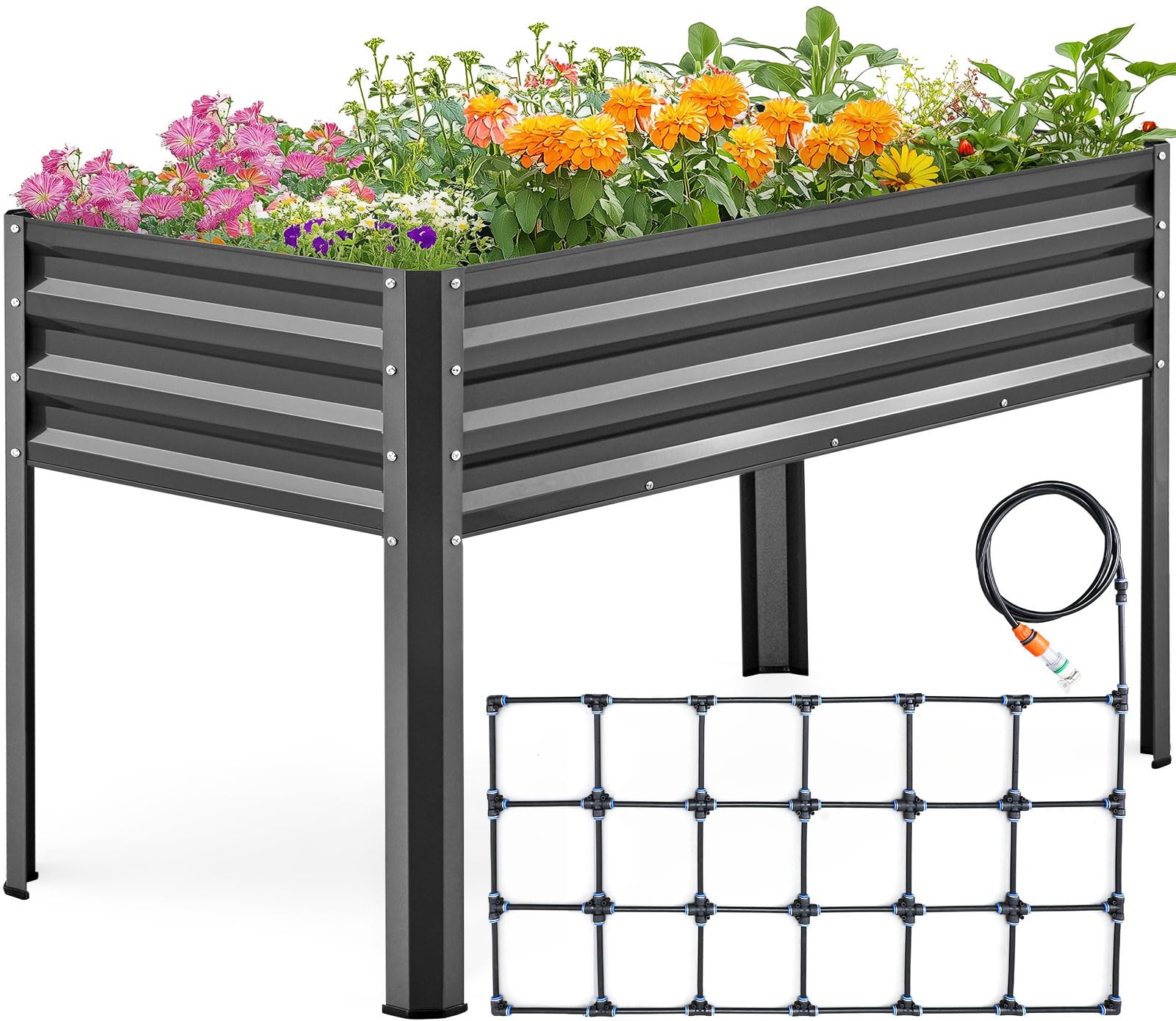 King Bird Raised Garden Bed With Irrigation System And Legs Galvanized Elevated Planter Box 48  24  30 In For Backyard, Patio, B