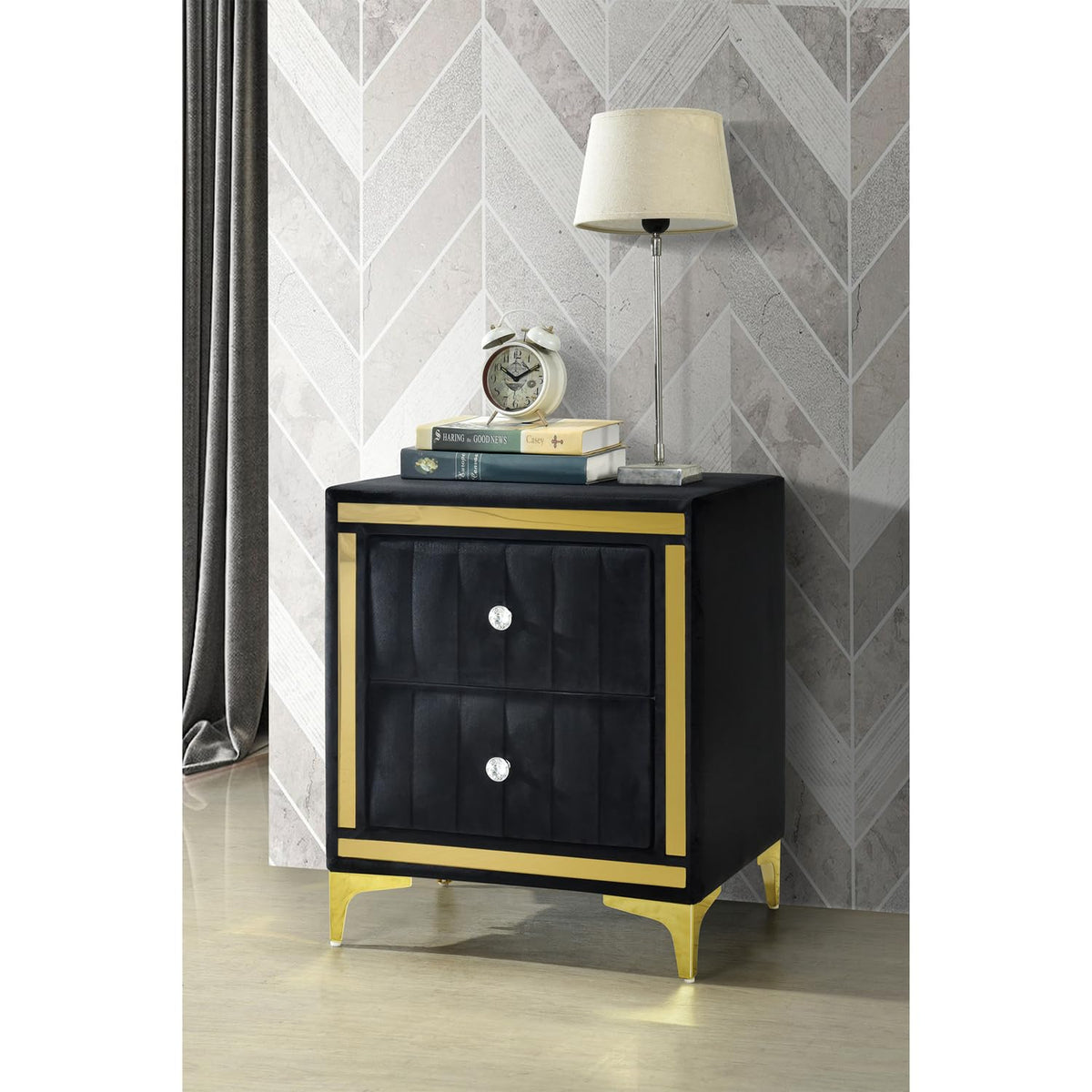 Better Home Products Monique Velvet Nightstand With Gold Legs And Gold Trim, Crystal Knobs - Fully Assembled. (Black)