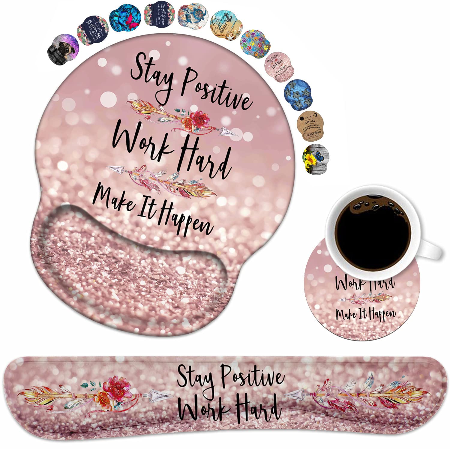 Loworo Keyboard Wrist Rest And Mouse Pad Support Set With Coasters, Inspirational Quote Stay Positive Work Hard Make It Happen N