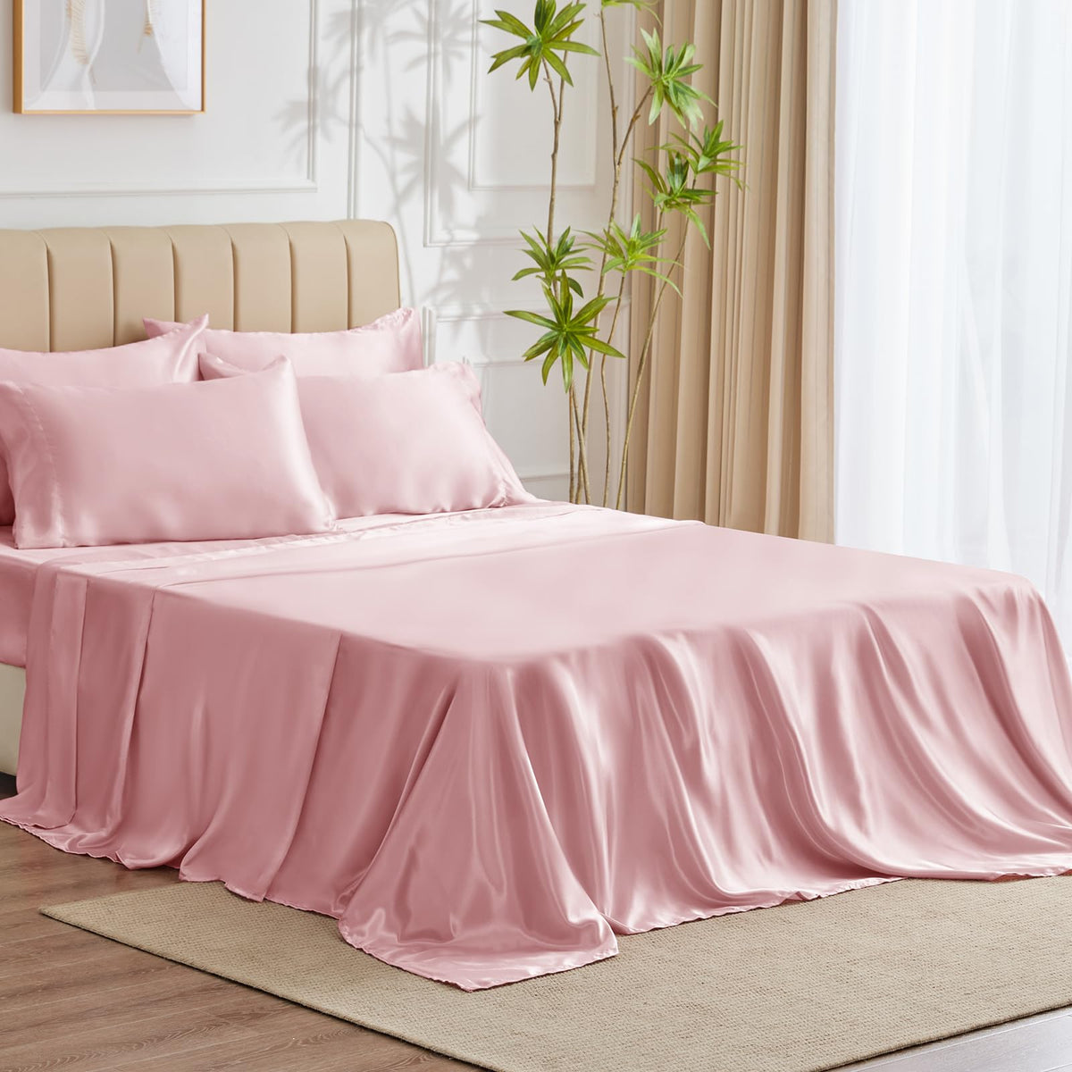 Cozylux Satin Sheets Full Size - 6 Piece Pink Bed Sheet Set With Silky Microfiber, 1 Deep Pocket Fitted Sheet, 1 Flat Sheet, And