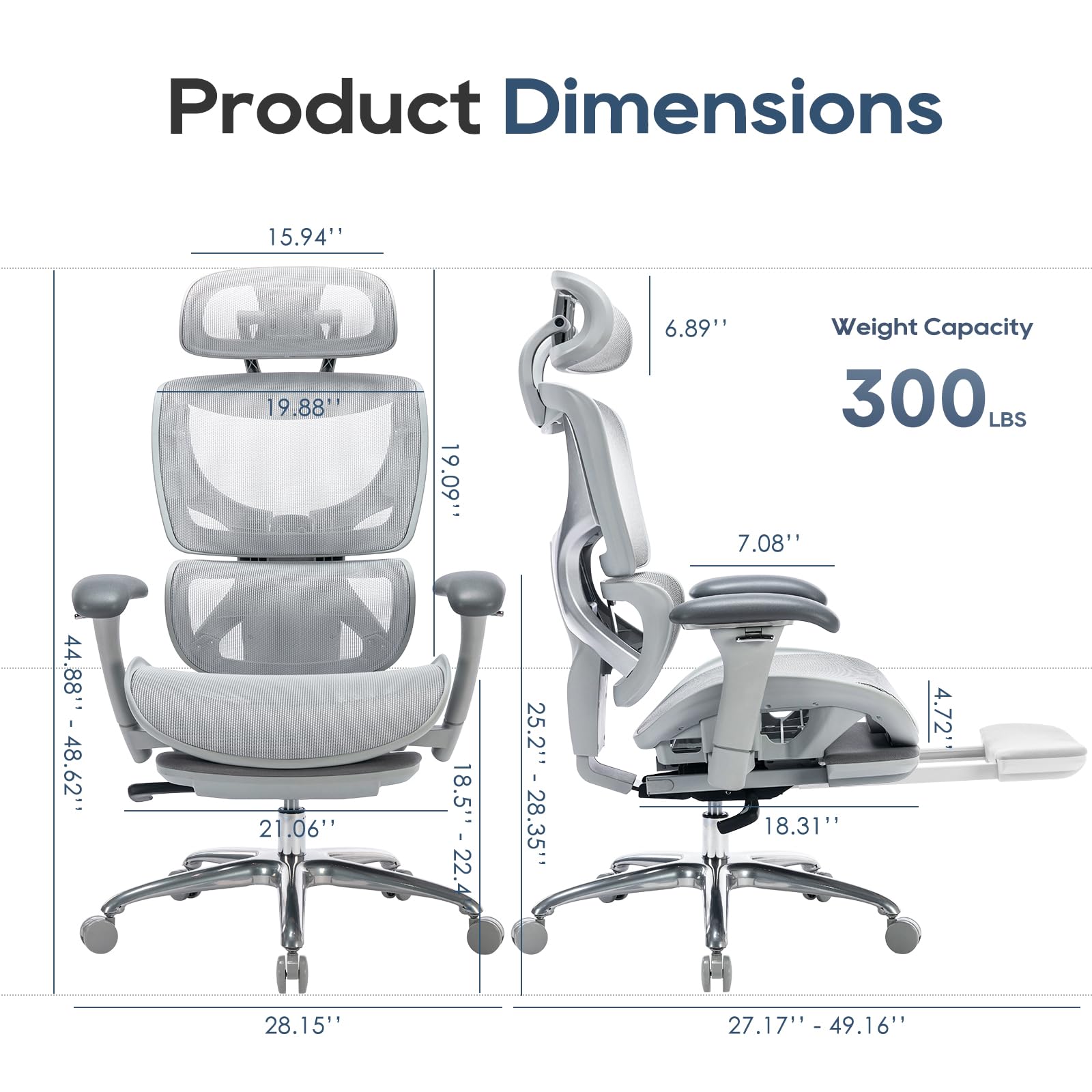 Ergonomic Mesh Office Chair With Footrest, High Back Computer Executive Desk Chair With Lumbar Support, Adjustable Headrest And 4D Arms, Tilt Lock-Grey