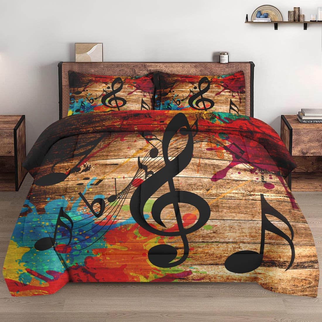 Wecozy 3 Pcs Comforter Set Queen Size With 2 Pillowcases, Musical Music Disco Bedding Set For Kids And Adults, Black Retro Woodb