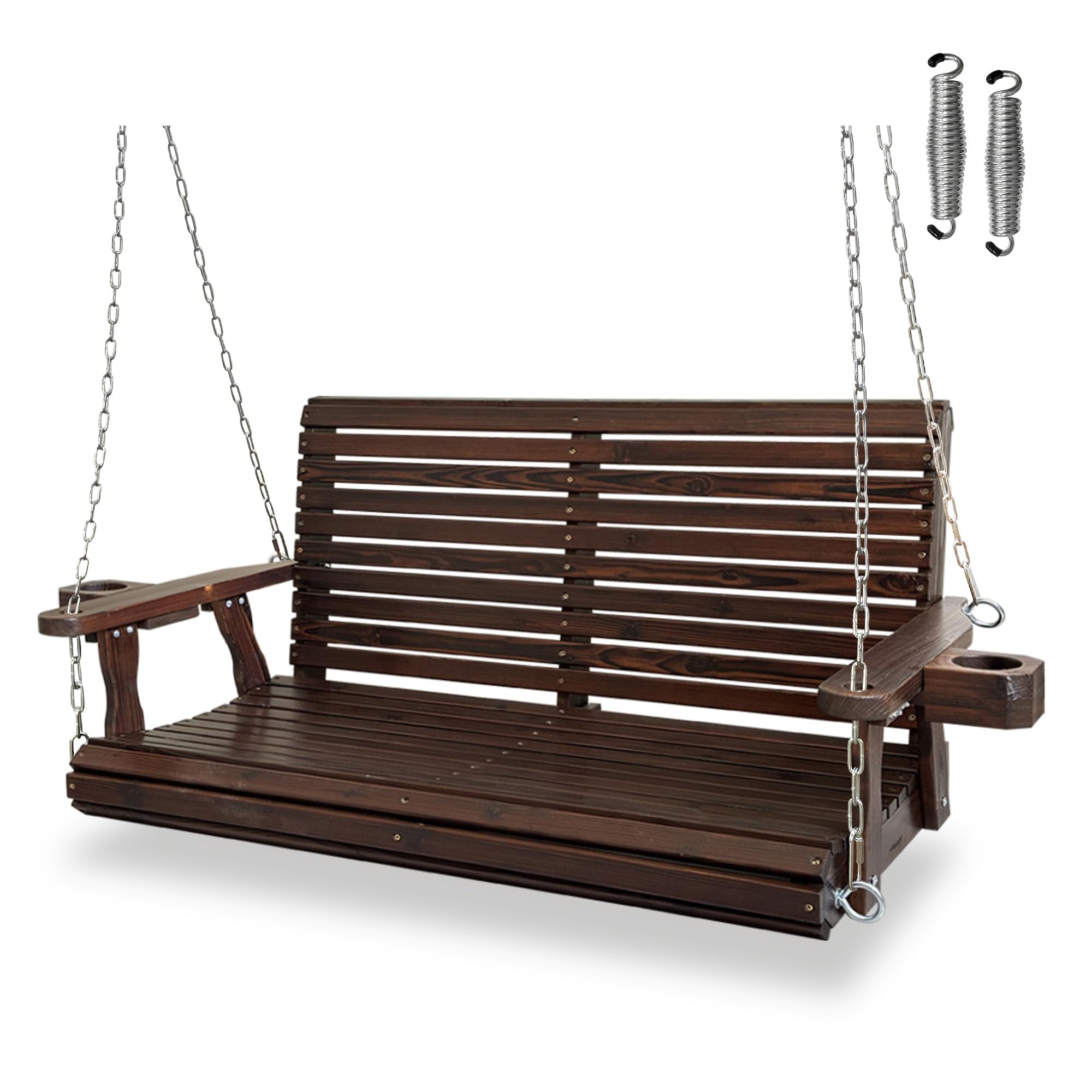 Wooden Porch Swing 2-Seater, High Backrest and Deep Seat, Bench Swing with Cupholders, Hanging Chains and 7mm Springs, Heavy Dut