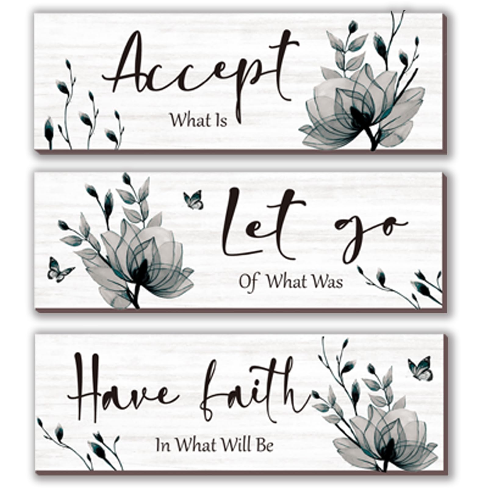 3 Pcs Black And White Bathroom Decor Rustic Flower Black Wall Art Accept Let Go Have Faith Farmhouse Bedroom Wall Decor Wooden I
