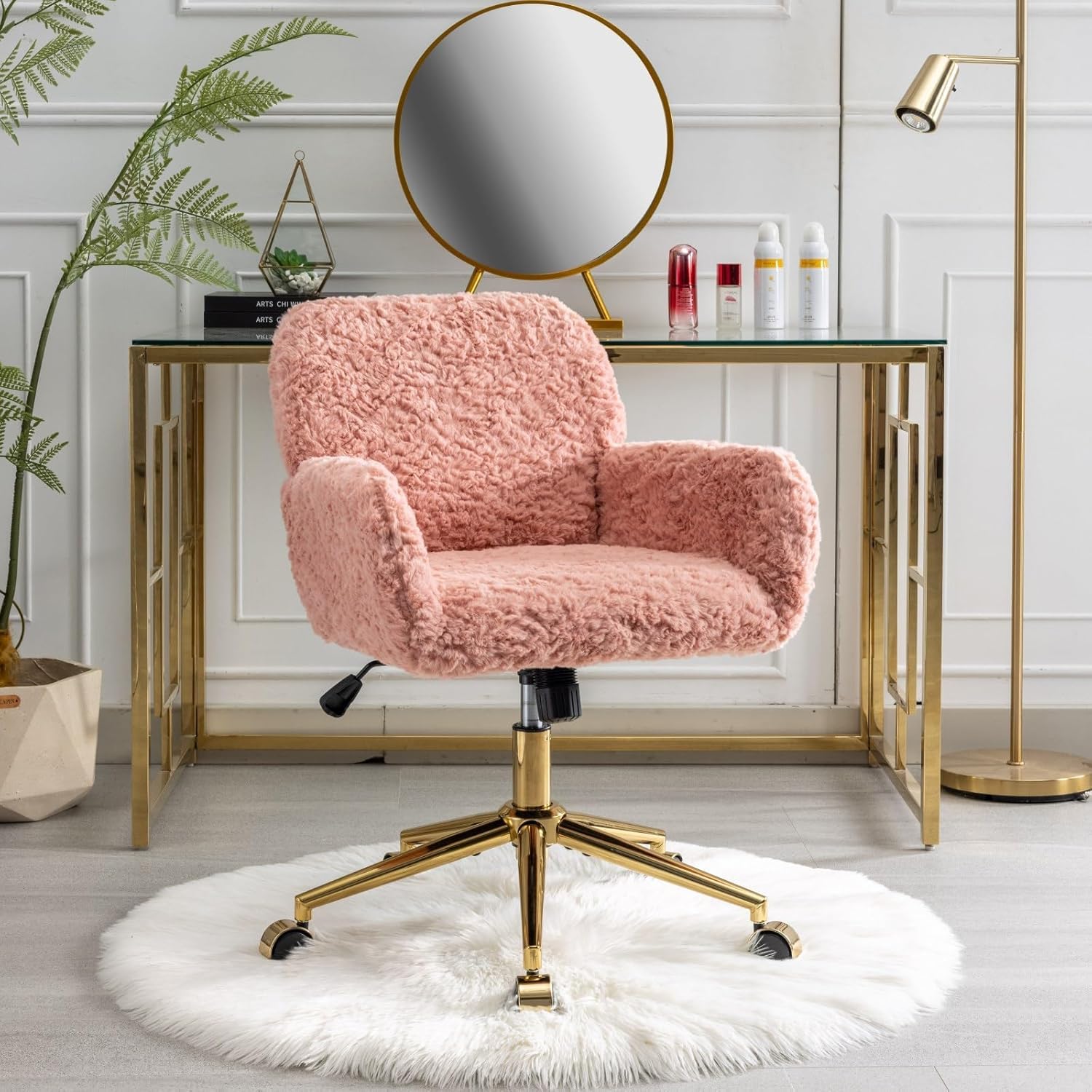 Pink Faux Fur Home Office Chair, Upholstered Elegant Desk Chair For Girls, Swivel With Gold Base, Height Adjustable Tiltable Com