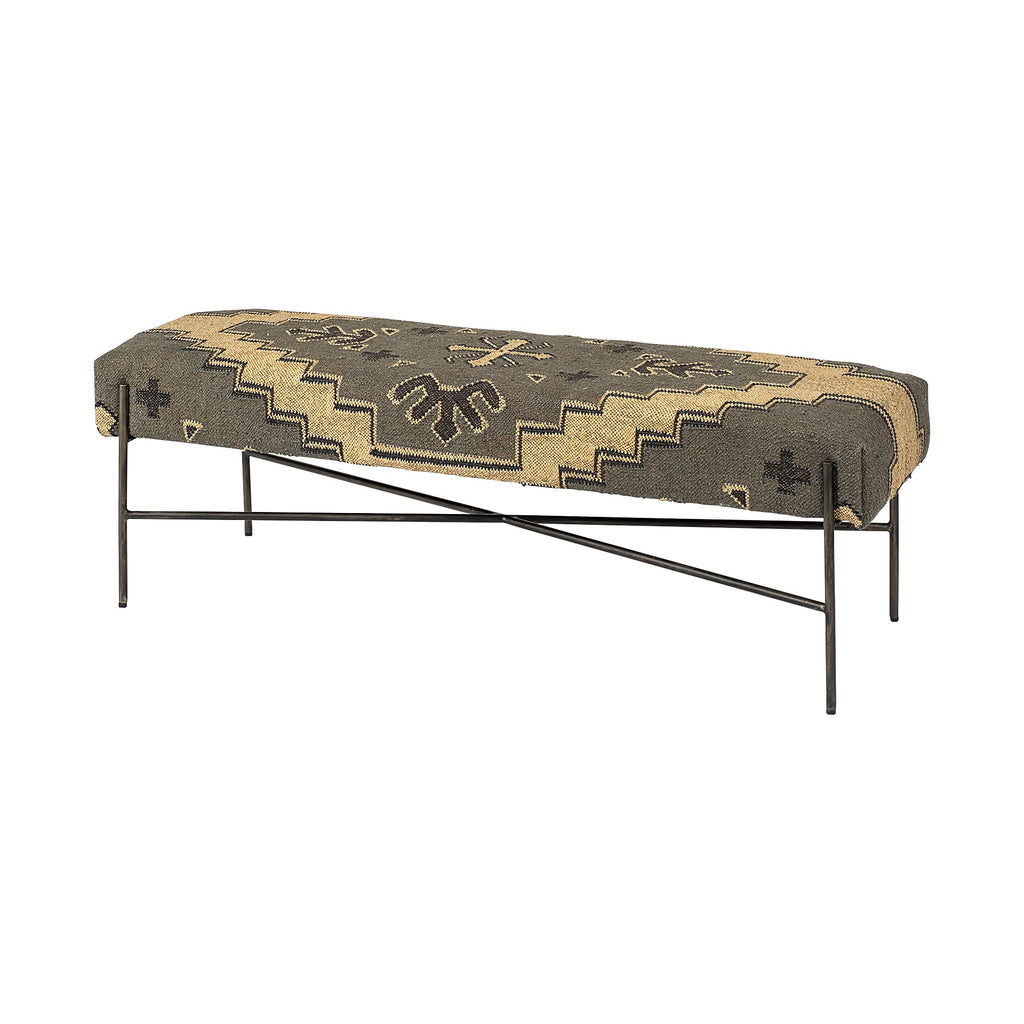 HomeRoots Black Rectangular Metal/Antiqued-Nickel Toned Base W/Upholstered Tan Pattered Seat Accent Bench